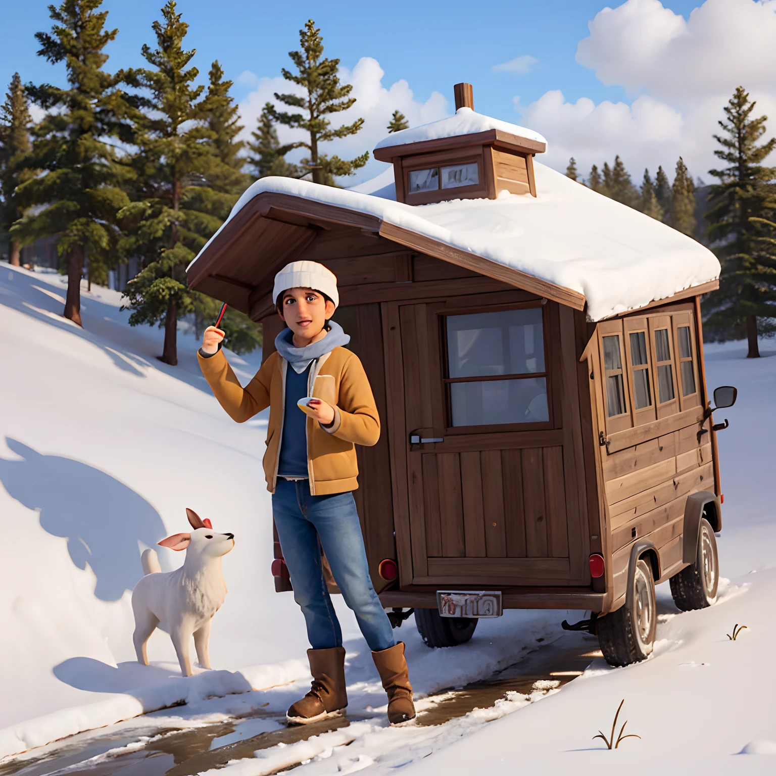 Um homem de vidro leva comida no prato,fundo da paisagem da montanha de neve