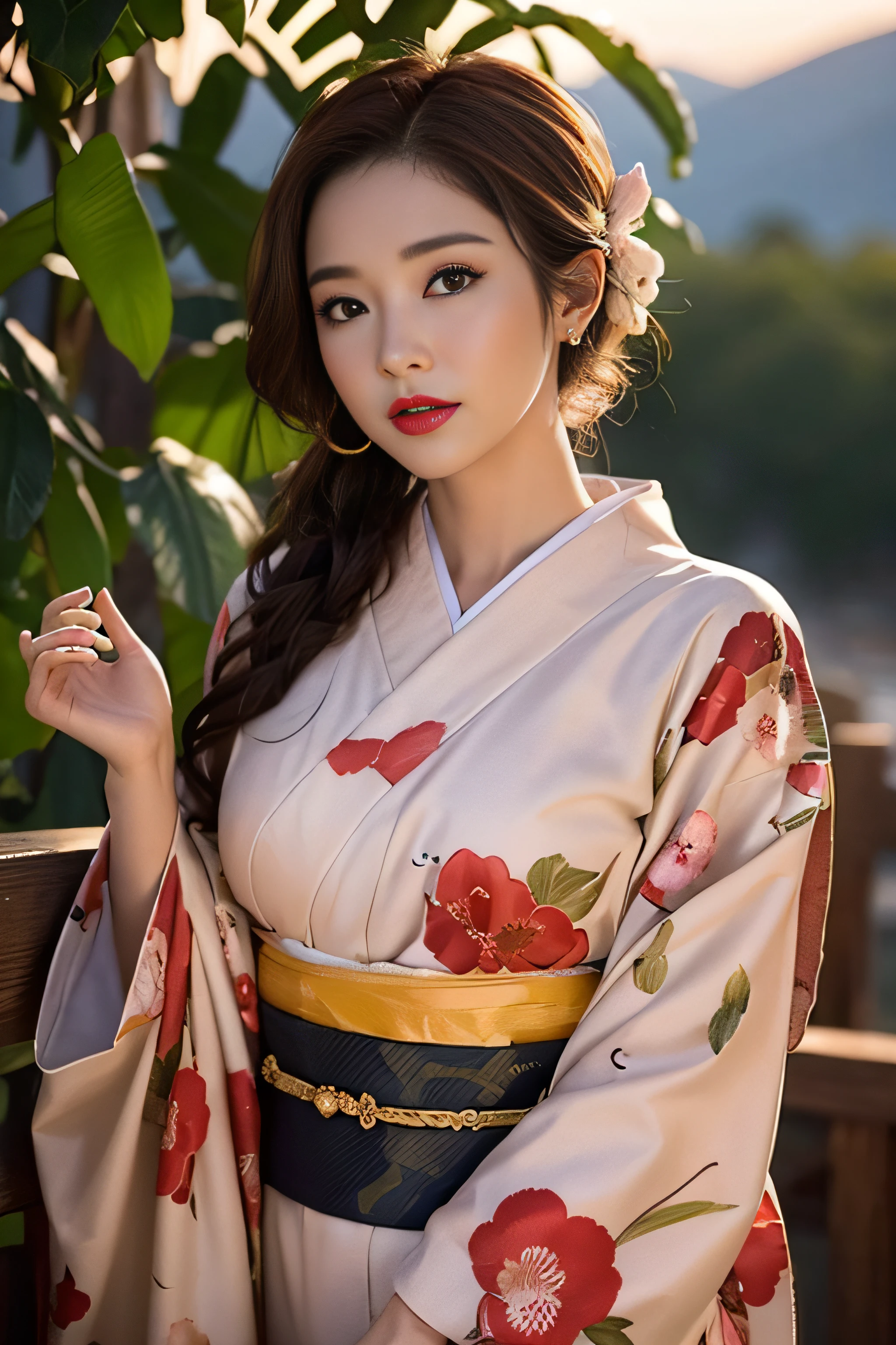 1womanl、(Super beautiful)、(beauitful face:1.5)、(A detailed face)、Early 30s、(Kimono)、Wearing heavy makeup、(red-lips)、Brown hair、(Immediately after sunset:1.2)、(Back lighting)、A scent that can't be hidden、Before you know it, It's ingrained in you、If someone takes you, I want to kill you、Sleep in a hideout、Winding Slope、Joren Falls、soar、shake off、Passing through the dazzling flames、mont. Amagi I want to climb with you、At SFW