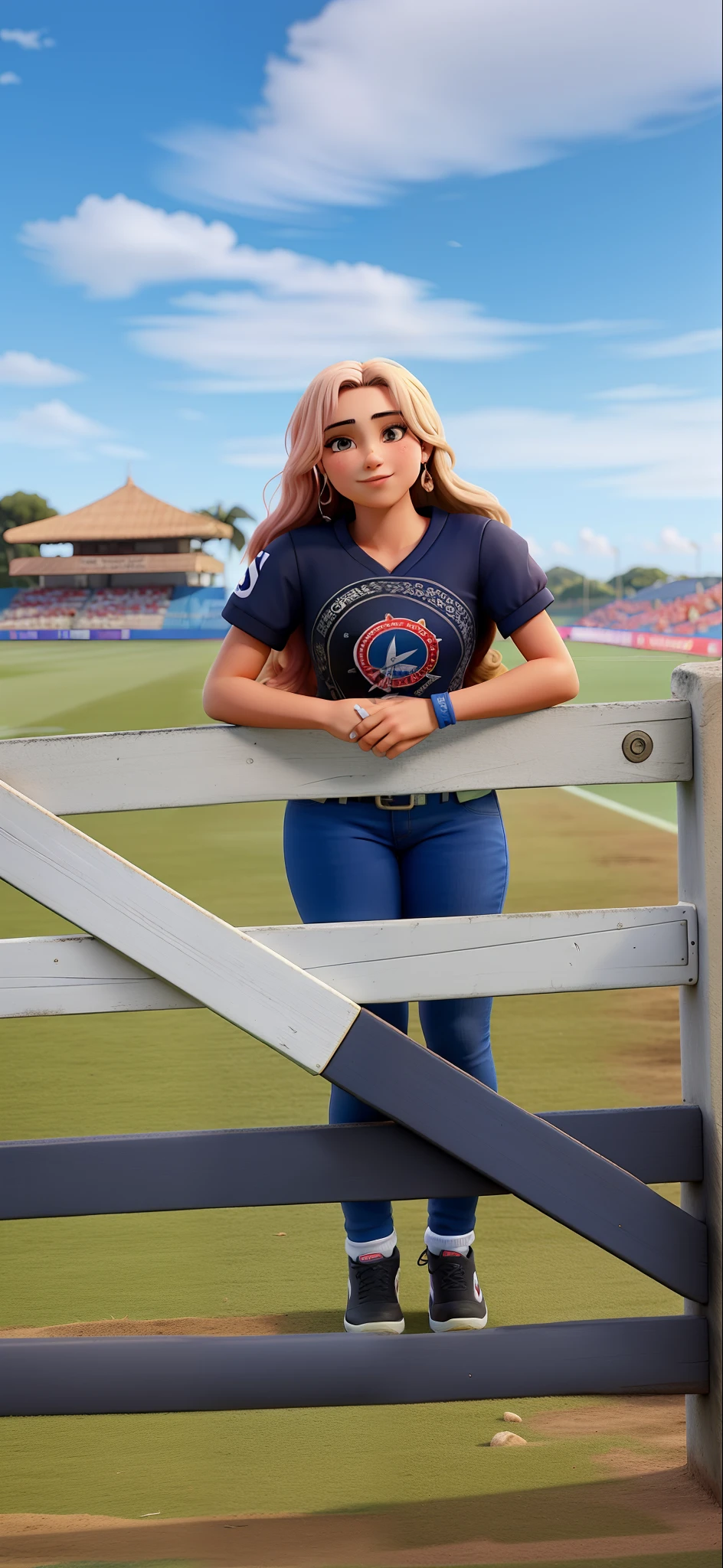 Uma mulher branca em um campo.