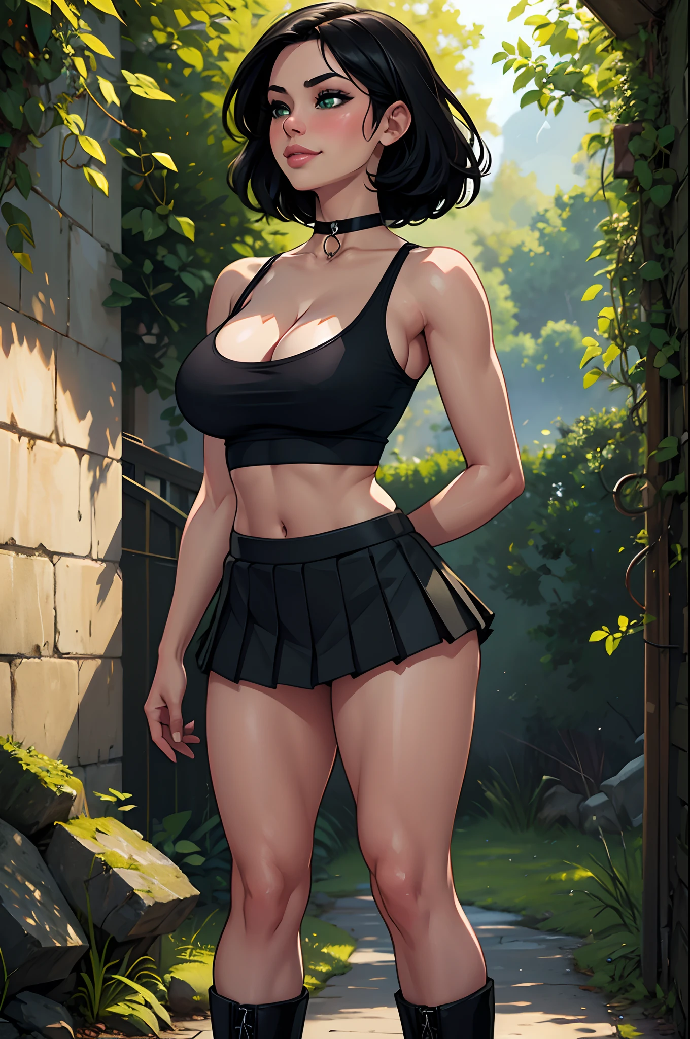 ((Masterpiece)), ((Best Quality)), Ultra High Resolution, HDR, absurderes, 8K, (1 girl), intricate details, ultra-detailed, dramatic lighting, blushing, smile, green eyes, short black hair, bob hair, choker, crop top, (black tank top), (black pleated mini skirt), gorgeous girl, large breasts, cleavage, gorgeous body, vivid colors, full body view, sharp focus, detailed illustration, detailed background, outdoors, depth of field, shy, feminine, professional artwork, standing up