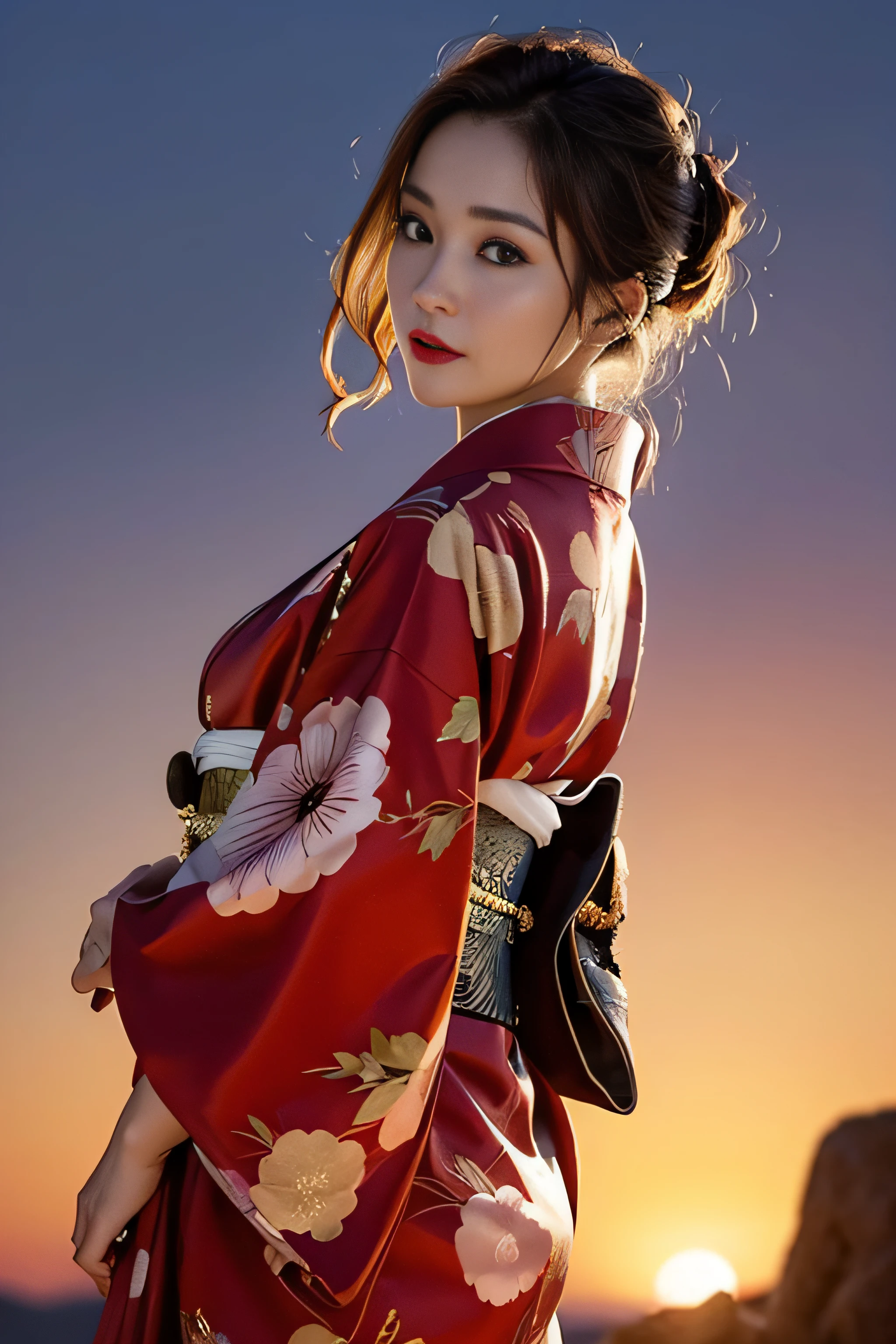 1womanl、(Super beautiful)、(beauitful face:1.5)、(A detailed face)、Early 30s、(Kimono)、Wearing heavy makeup、(red-lips)、Brown hair、(Immediately after sunset:1.2)、(Back lighting)、A scent that can't be hidden、Before you know it, It's ingrained in you、If someone takes you, I want to kill you、Sleep in a hideout、Winding Slope、Joren Falls、soar、shake off、Passing through the dazzling flames、mont. Amagi I want to climb with you、At SFW