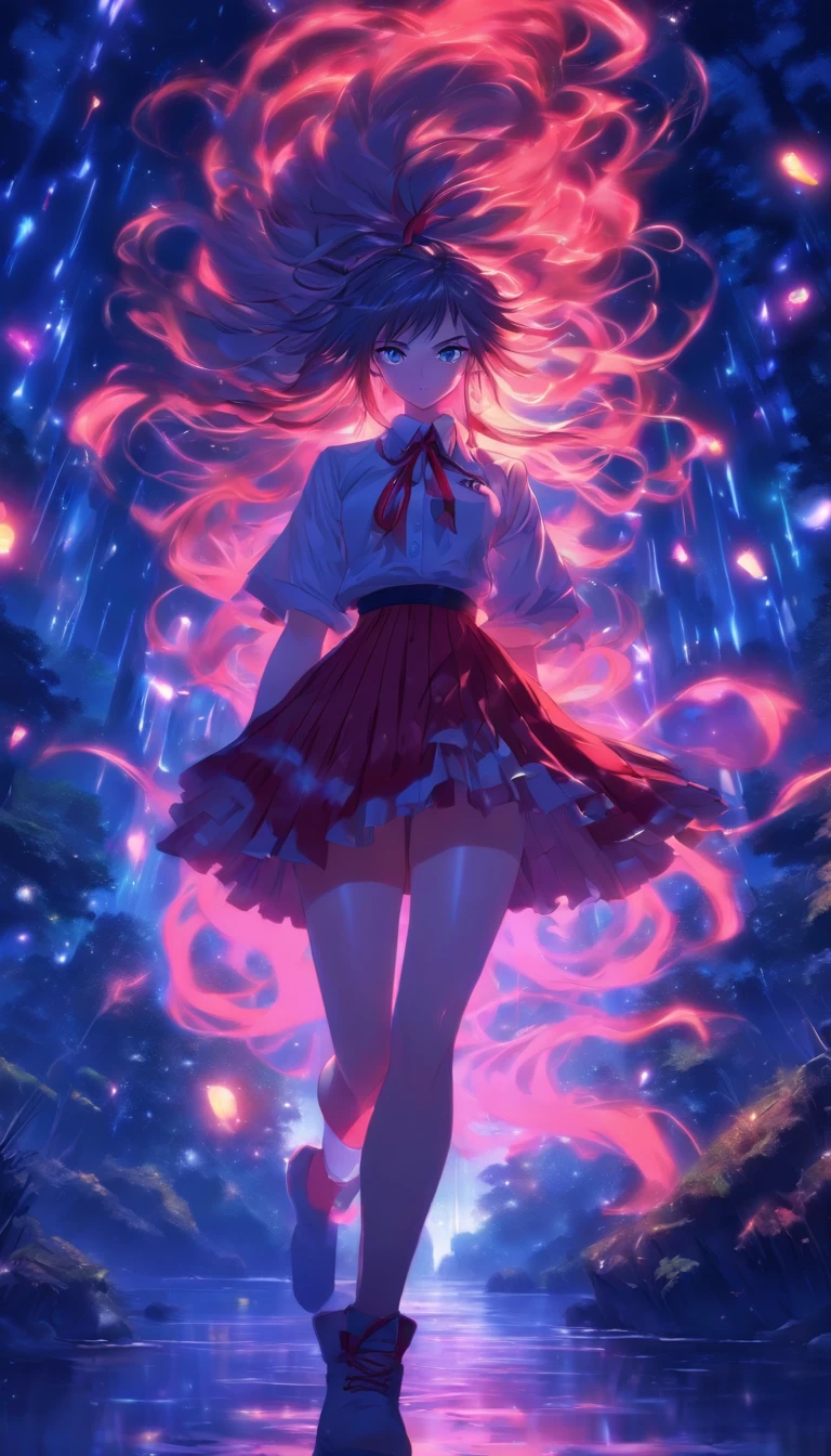 1 Tape, soio,white shirt, red skirt, sockes, dual horsetail,Beautiful outdoor background, night moon, ln the forest,The hair is meticulously described,The eyes are carefully depicted, highly detailed surreal vfx,OC Render,