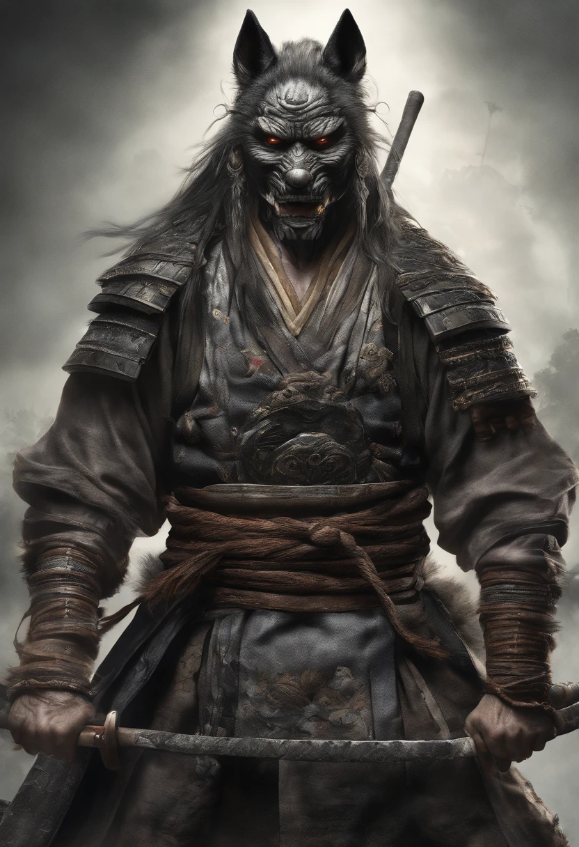 Homem Samurai, em um estudo, With his oni wolf mask, Vestido tradicional, guerreiro, Pelo largo negro, Imagem realista