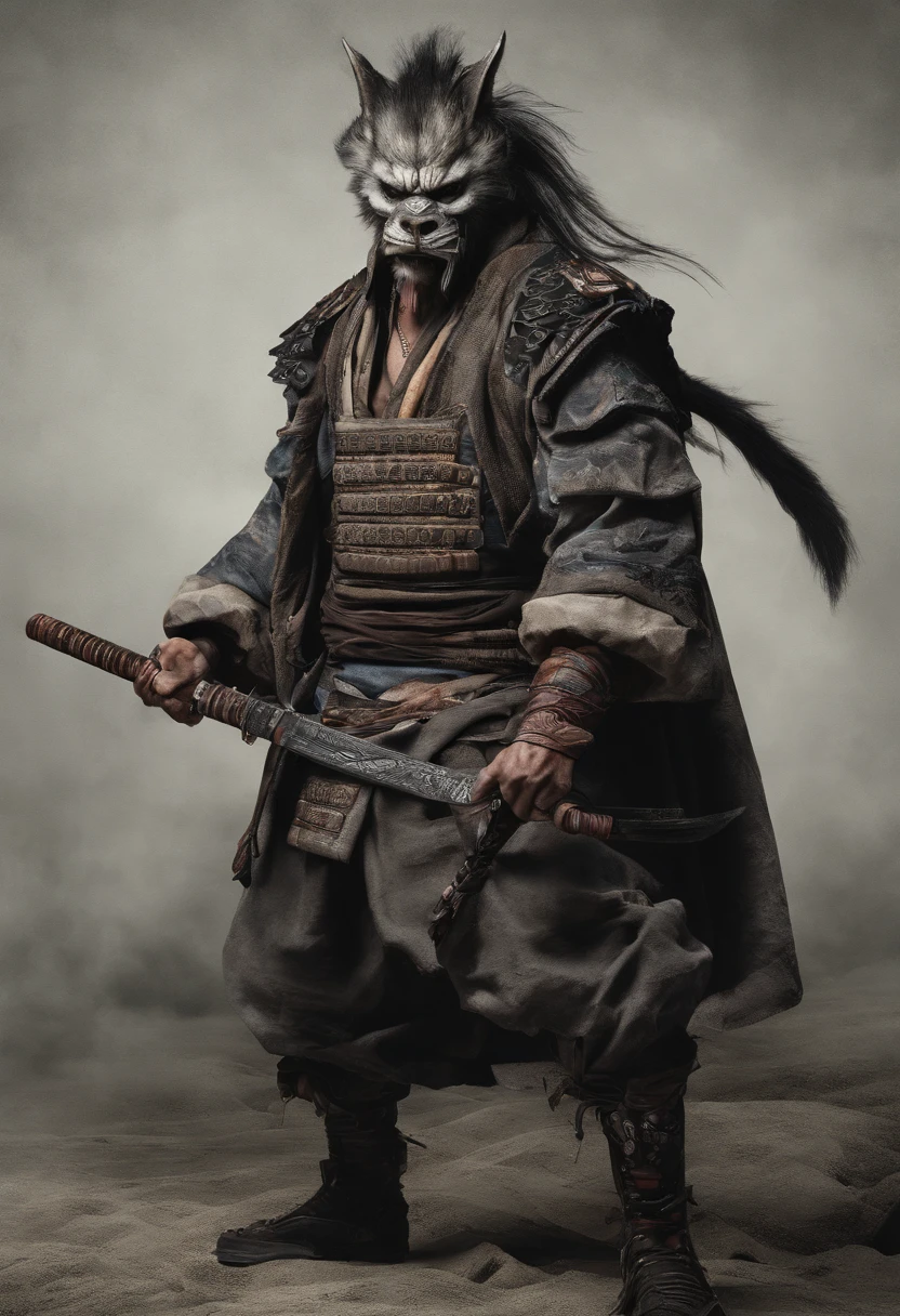 Homem Samurai, em um estudo, With his oni wolf mask, Vestido tradicional, guerreiro, Pelo largo negro, Imagem realista