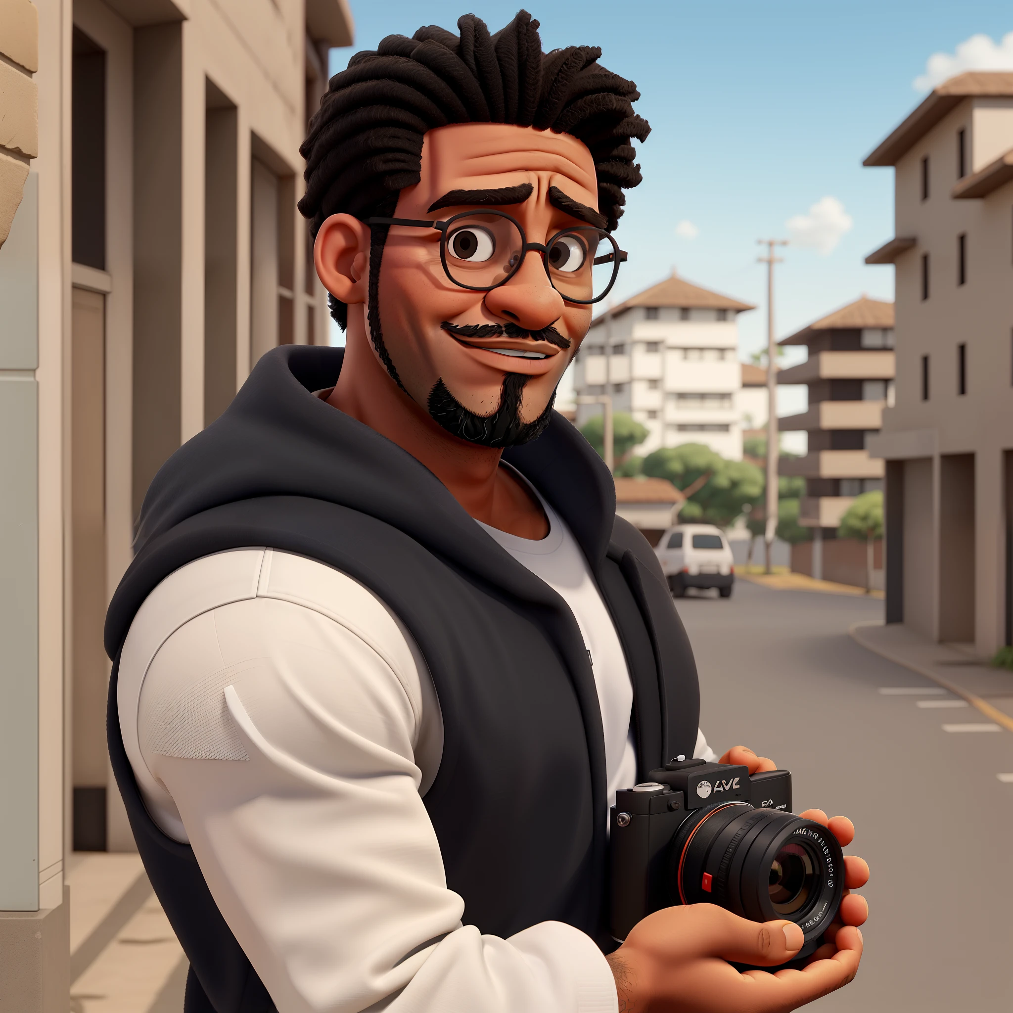 Um homem ????? e forte, with round glasses, careca e barba baixa, com o cavanhaque acentuado. With a minimalist outfit and a camera in hand with an urban setting