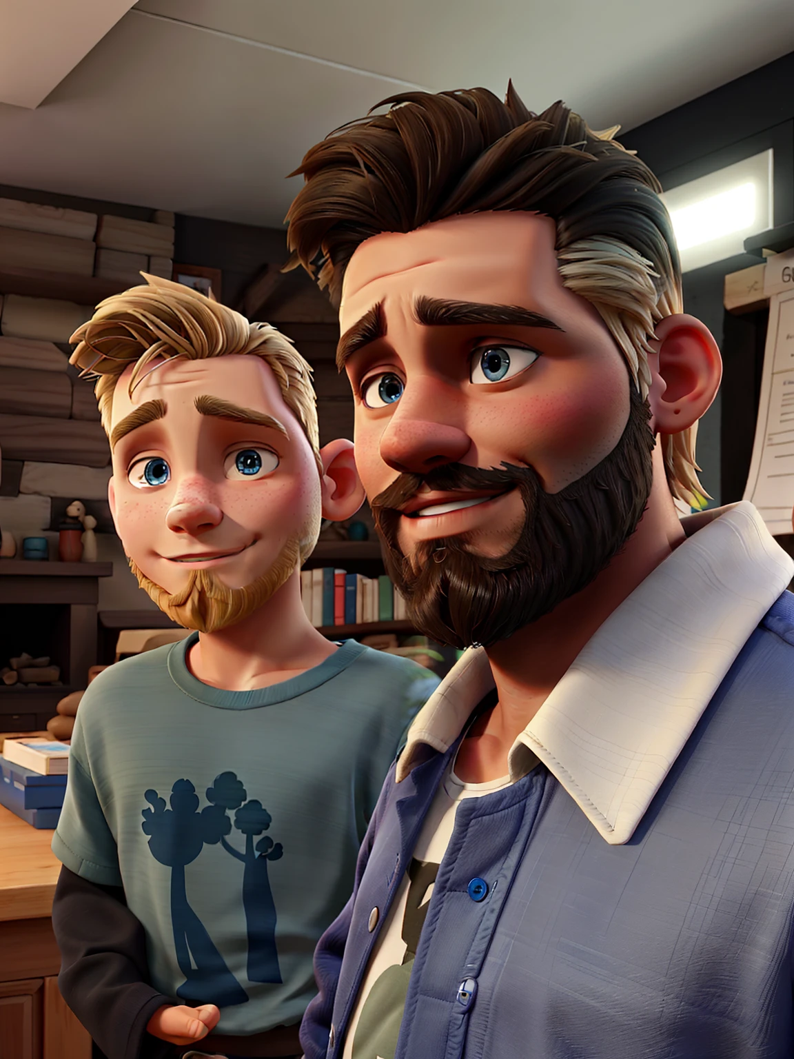 two boys the one on the left is blond and has blue eyes the one on the right is dark-skinned and has a beard the background of the image is a forest