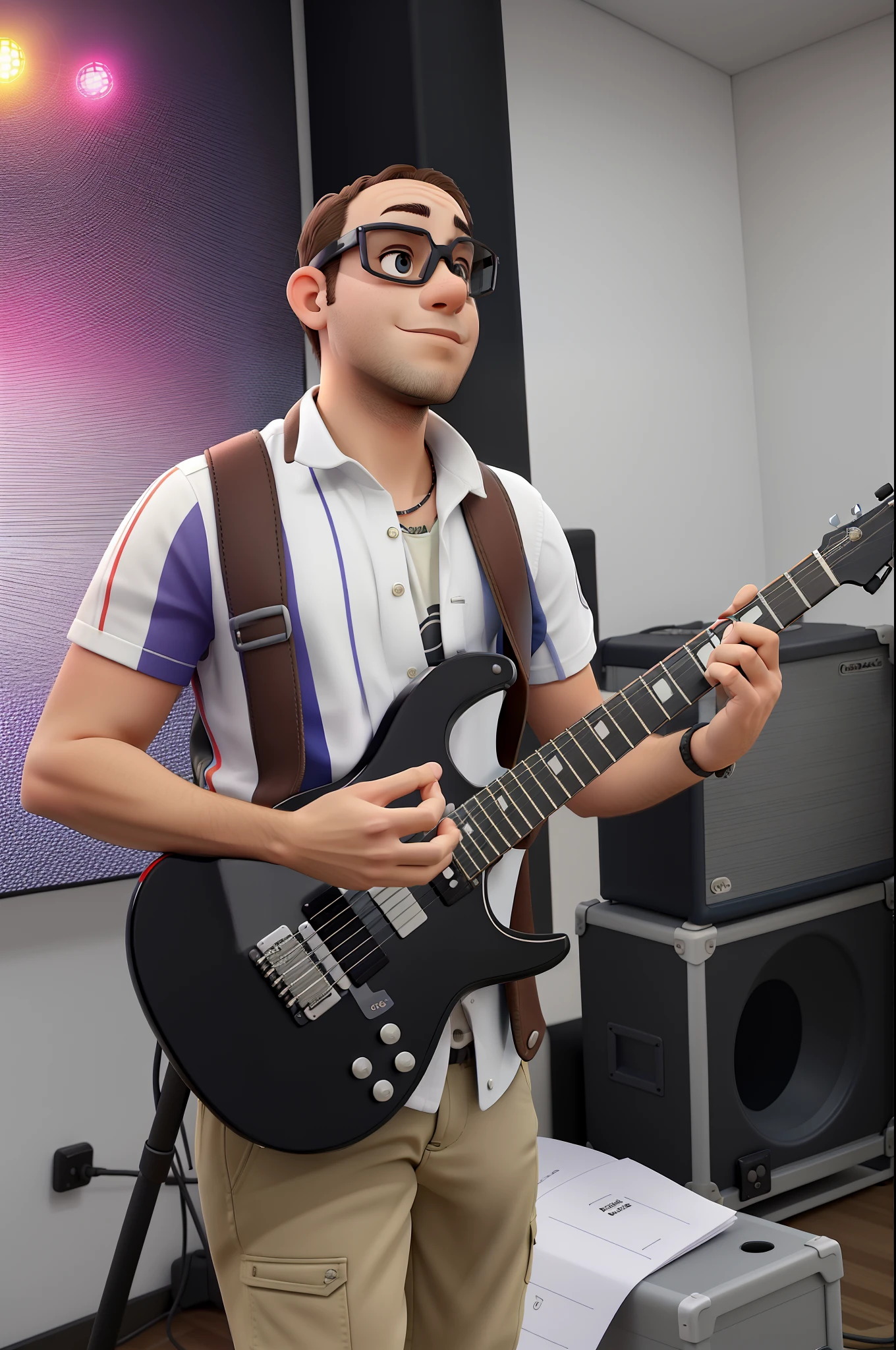 Obra-prima, de melhor qualidade, um guitarrista de 25 anos, calvo tocando guitarra, wearing goggles , num palco iluminado por luzes de discoteca alta qualidade.