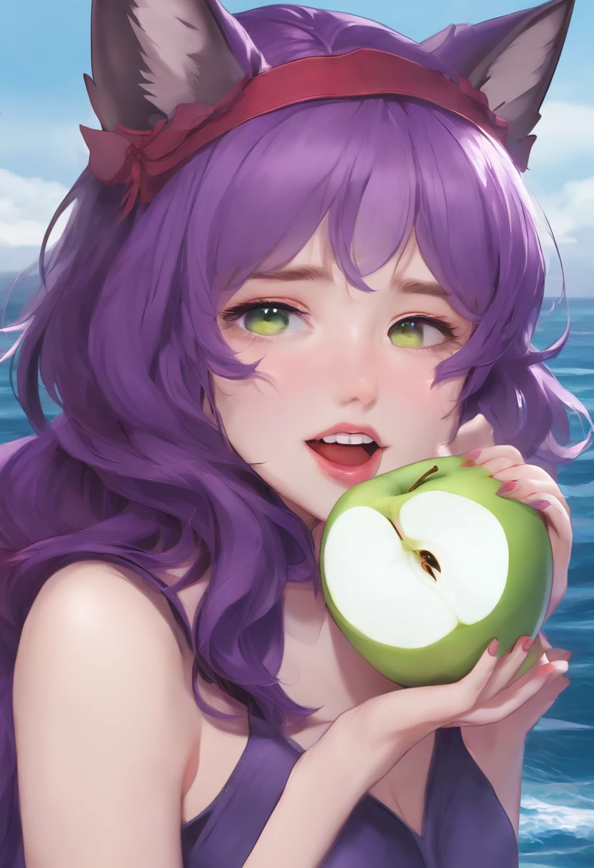 Background near the sea, Holding an apple, mouth mask, purple hair, demon horns, crazy eyes, wolf ears, heavy breathing, speed lines, Hyperrealism, sideways, Canon, award winning