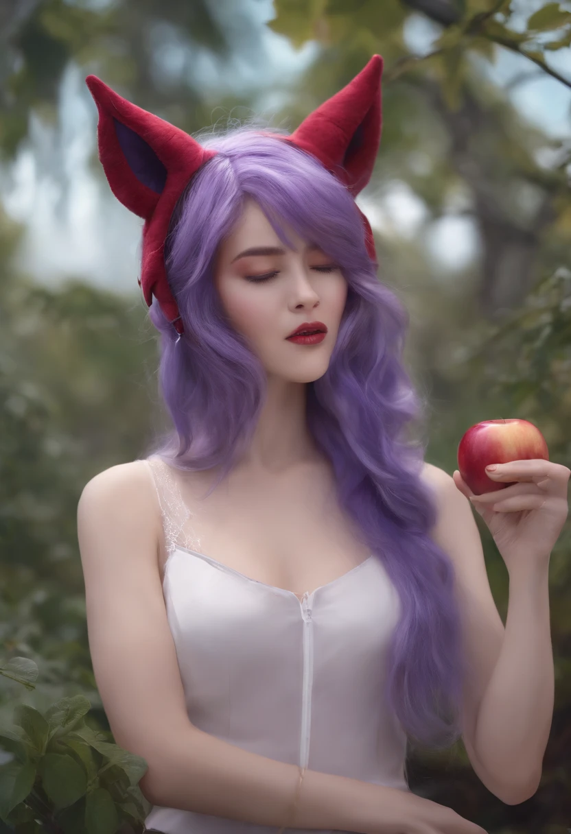 Background near the sea, Holding an apple, mouth mask, purple hair, demon horns, crazy eyes, wolf ears, heavy breathing, speed lines, Hyperrealism, sideways, Canon, award winning