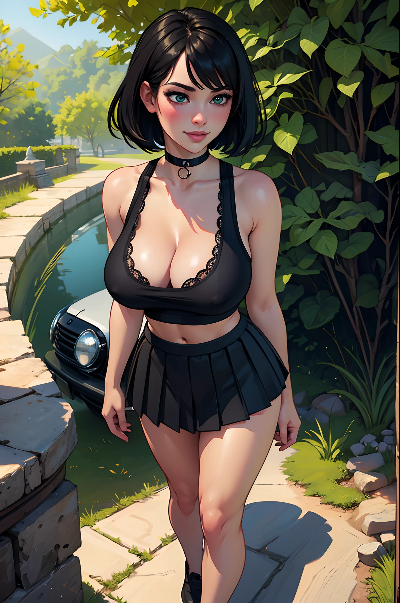 ((Masterpiece)), ((Best Quality)), Ultra High Resolution, HDR, absurderes, 8K, (1 girl), intricate details, ultra-detailed, dramatic lighting, blushing, smile, green eyes, short black hair, bob hair, choker, crop top, (black tank top), (black pleated mini skirt), gorgeous girl, large breasts, cleavage, gorgeous body, vivid colors, full body view, sharp focus, detailed illustration, detailed background, outdoors, depth of field, shy, feminine, professional artwork, standing up