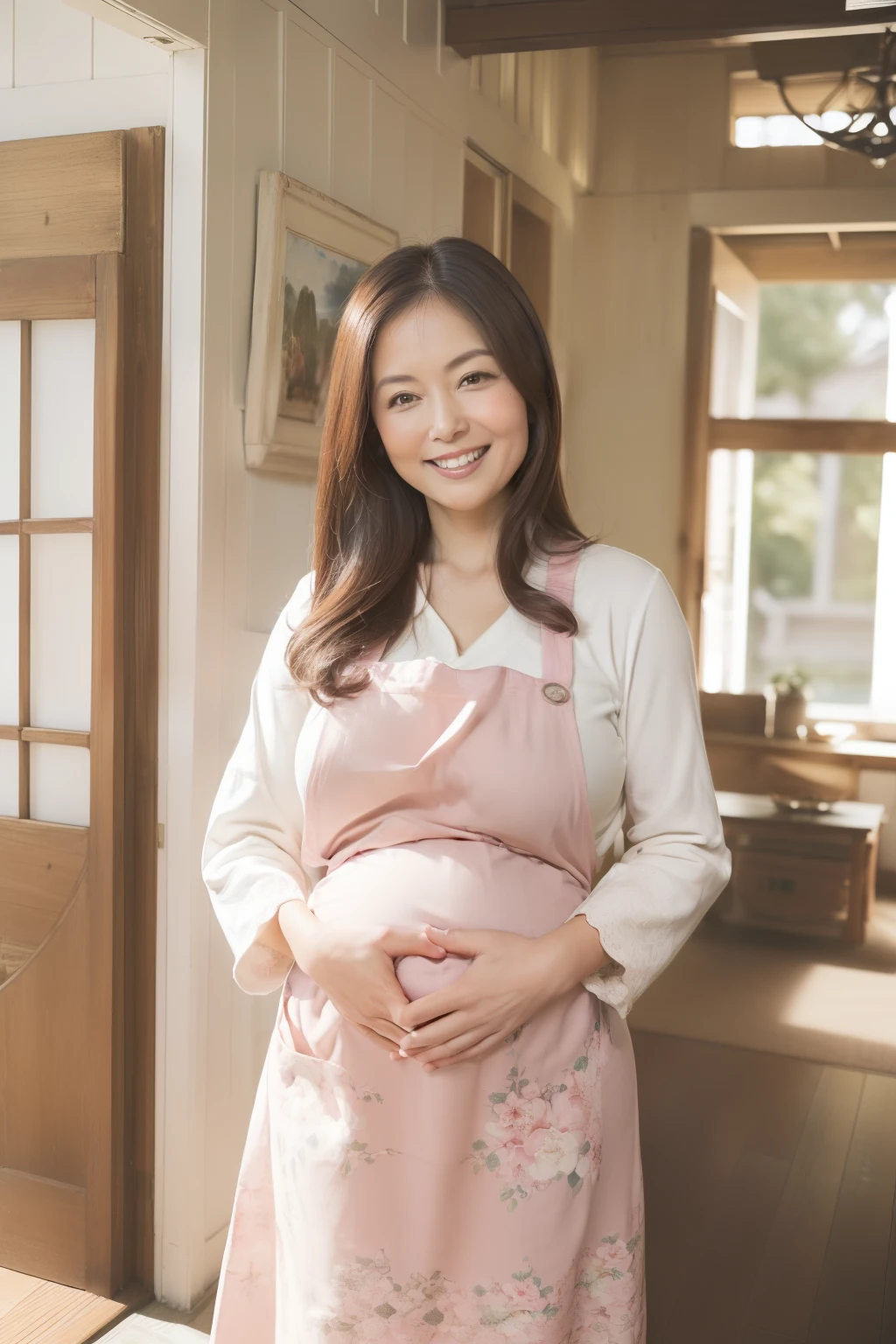 a smile,Pregnant woman in blue cardigan taking photo in garden, Pregnancy, Pregnant, Pregnant belly, ayami koj ima, maternity feeling, maya takamura, Portrait image, Aoi Ogata, Chiho Ashima, asian female, Kiyoko Suzuki, advertisement picture, Yuka Kazami, Erika Ikuta, full-body close-up shot,8k,perfect hand,The most beautiful woman in Japan