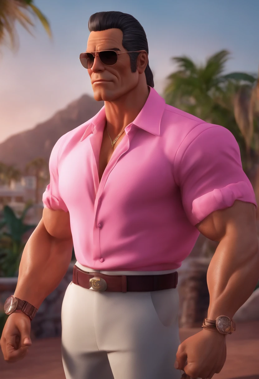 personagem dos desenhos animados de um homem e uma camisa rosa escrito yakuza, animation character, Caractere estilizado, animation style rendering, 3D estilizado, musculoso estilo Arnold Schwarzenegger (best quality) (8k) estilo disney pixar
