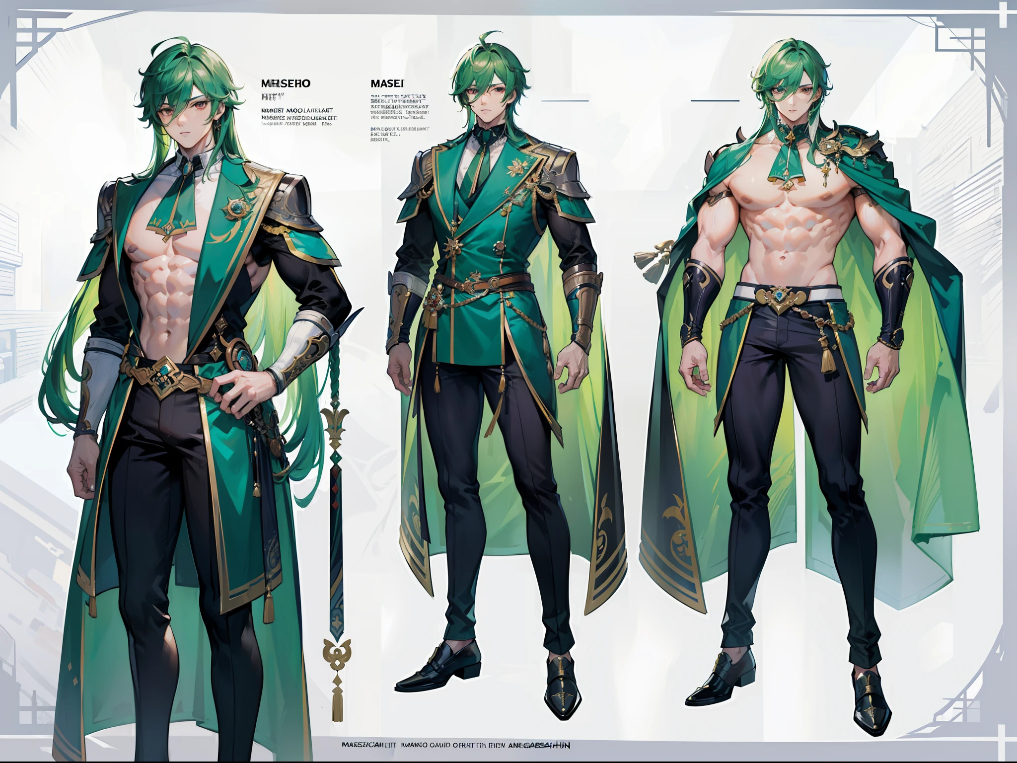 ((Masterpiece, Highest quality)), Male, boy, Detailed face, character design sheet, full bodyesbian, Full of details, frontal body view, back body view, Highly detailed, Depth, Many parts, Muscle boy with long green hair with long bangs,handsome man, muscle body, vampire outfits clothes, Genshin Impact, man tall, pectoral muscles, abs