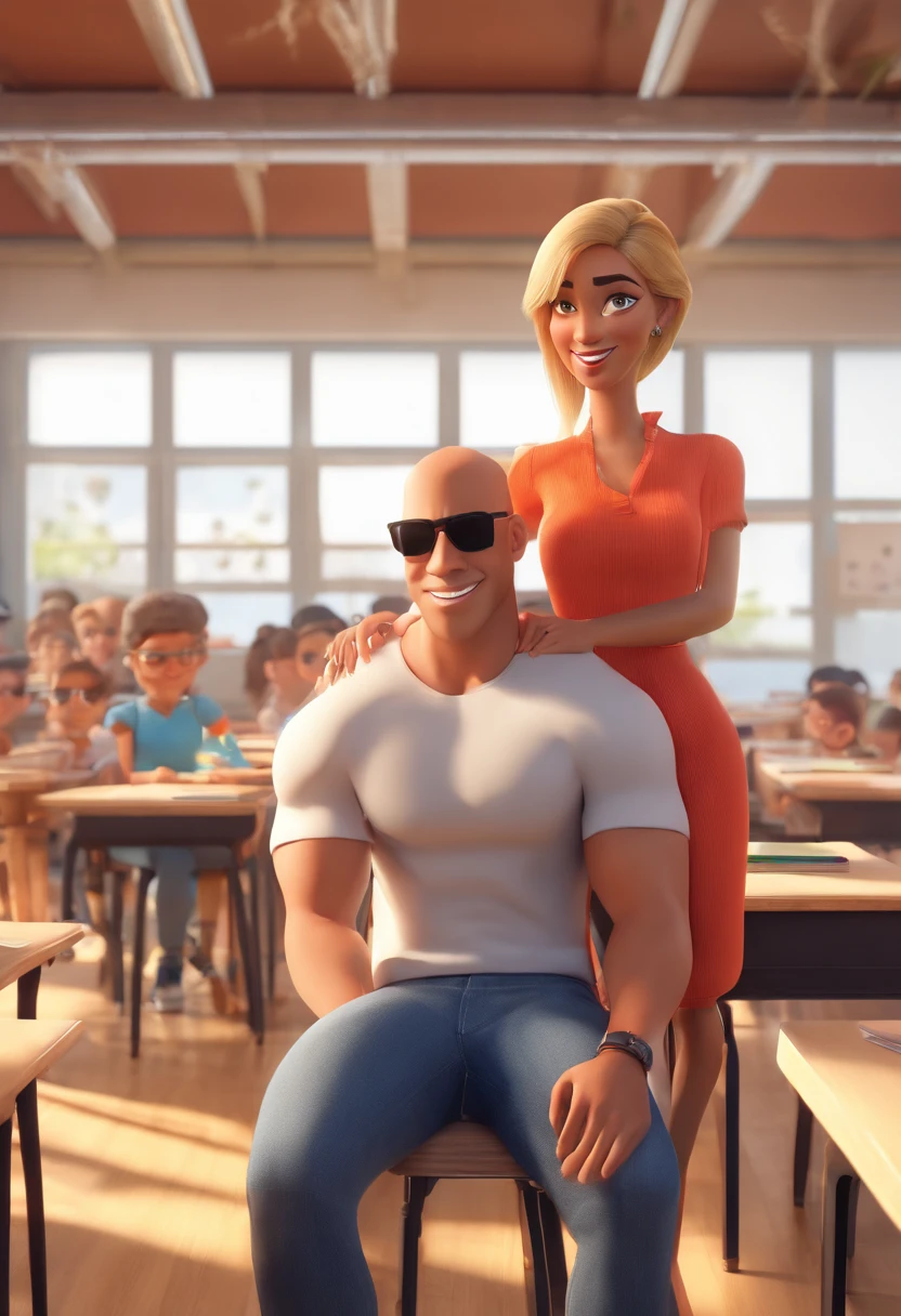 Estilo Pixar: Adult Man Vin Diesel Style With Brown Skin White Tank Top Hugging Blonde Woman Medium Hair Wearing Sunglasses, Jeans and black shirt in a classroom