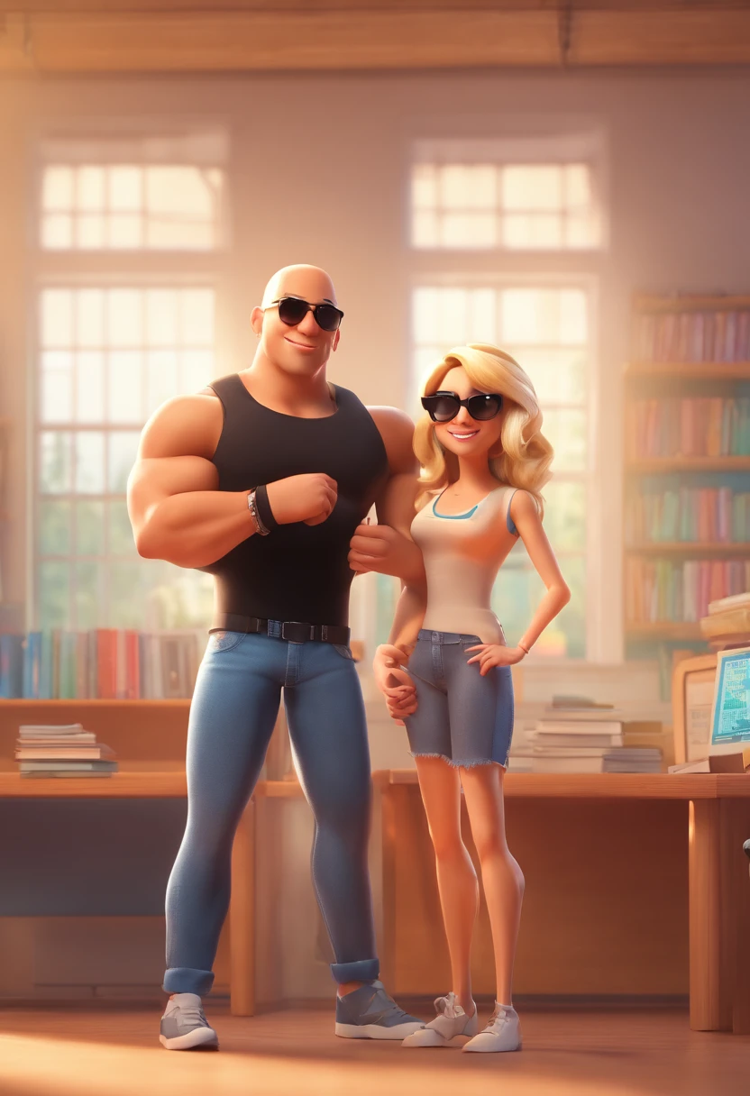 Estilo Pixar: Adult Man Vin Diesel Style With Brown Skin White Tank Top Hugging Blonde Woman Medium Hair Wearing Sunglasses, Jeans and black shirt in a classroom