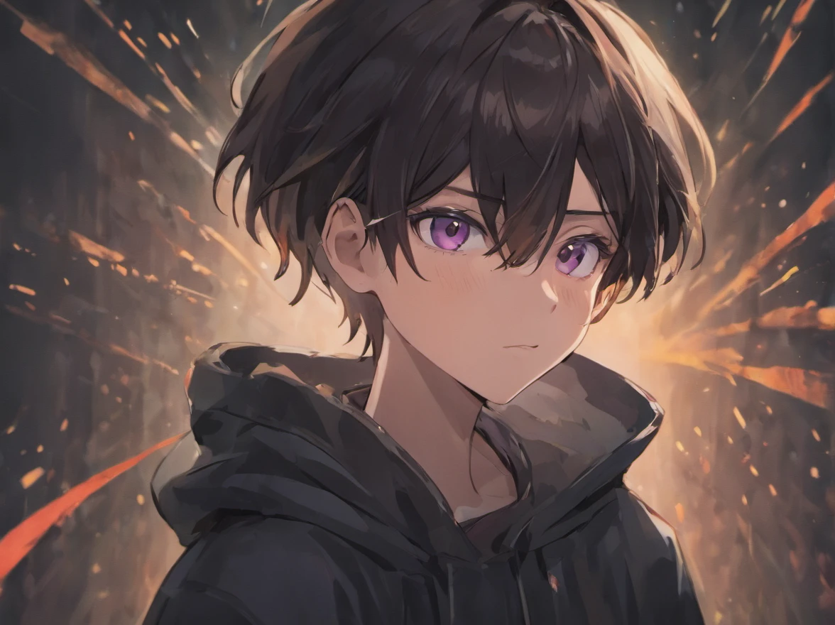 (Short-haired man facing the front、high-level image quality)Only the face and neck part、Black hoodie、Dark hair、Black glowing eyes、The human、a lot of hair、glares、Put your hand on your cheek、looking-down(Background with)dark