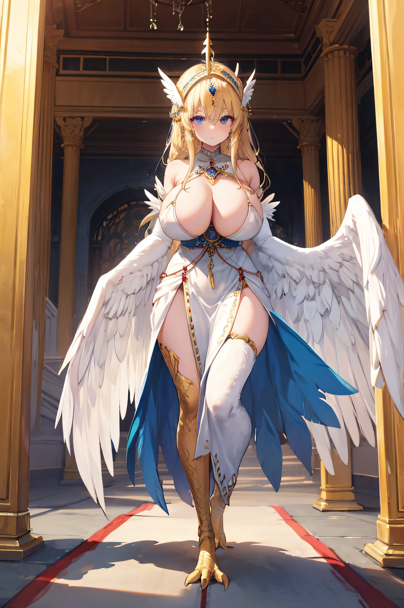 4k,hight resolution,One Woman,harpy,Bright blonde hair,Longhaire,Bright blue eyes,huge tit,Bright white wings,Golden toenails,high priestess,valkyrie,Goddess dress,Winged headgear,Angel Wakka,jewel decorations,Temple in the Sky