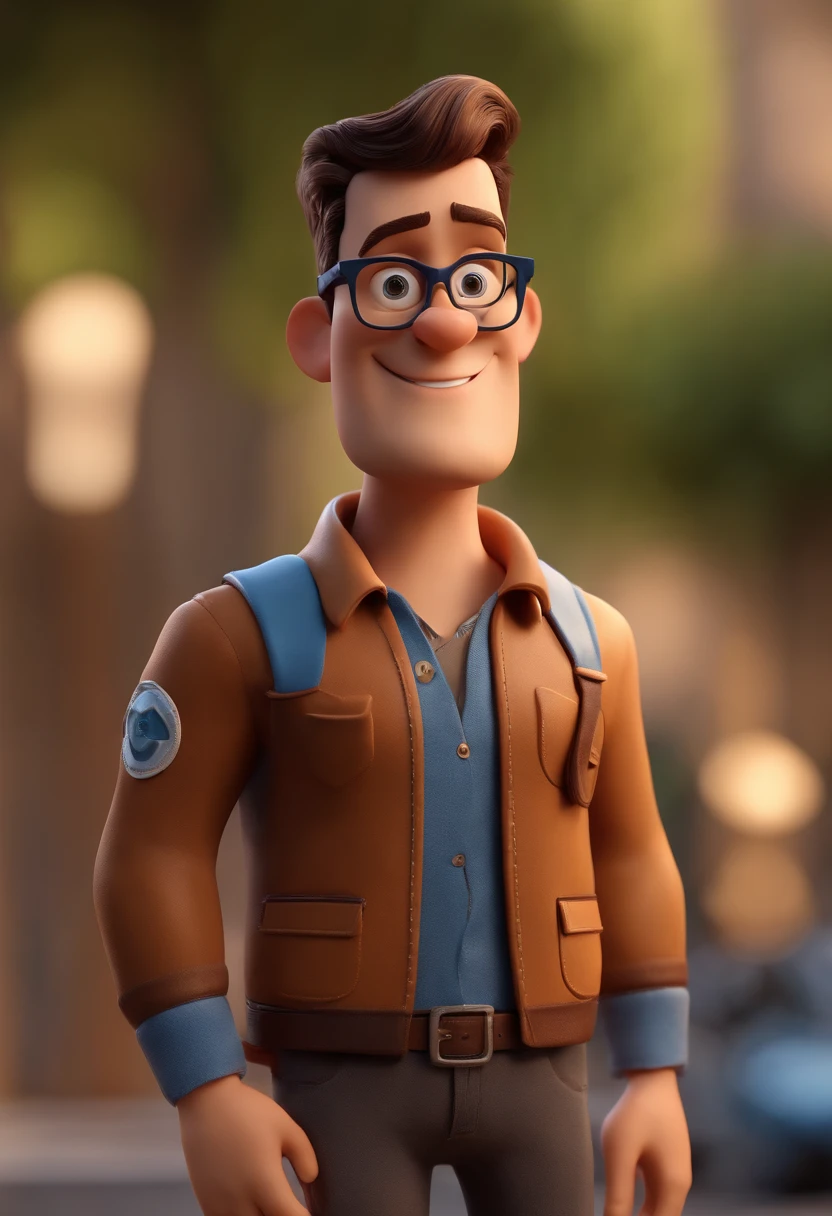 Cartoon character of a man with black glasses, cabelo cacheado marrom escuro e uma camisa azul, animation character, Caractere estilizado, animation style rendering, 3D estilizado, Arnold Maya render, 3 d render stylized, toon render keyshot, Personagem 3D, Personagem 3D, 3d rendering stylized, 3 d character render, personagem de desenho animado, Personagem de close up, Pose de personagem,  (Estilo Pixar) (master part:1.2) (Bokeh) (best quality) (pele detalhada) (textura detalhada) (8k) (argila) (Cinematic lighting) (foco nítido