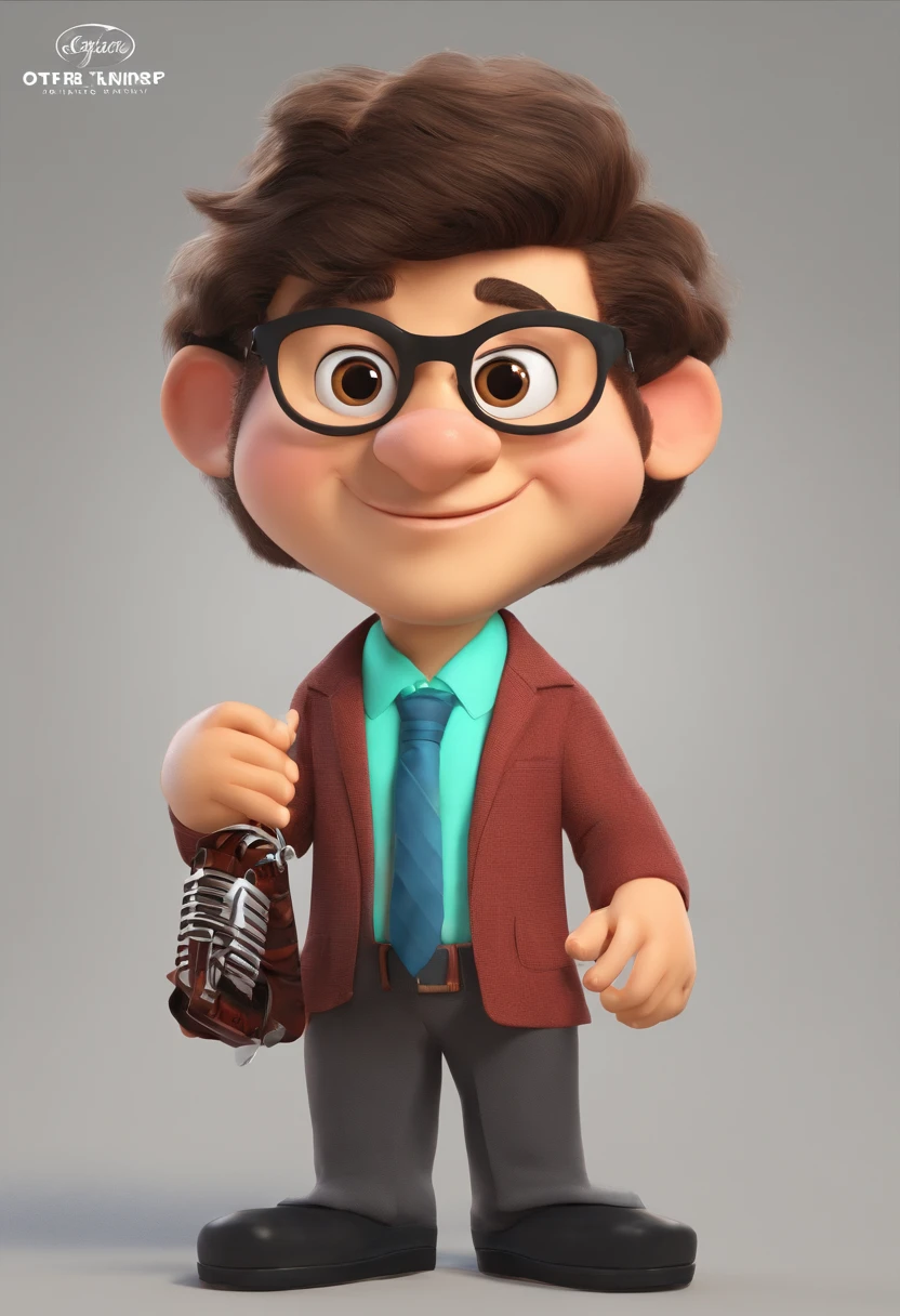 criar uma imagem estilo pixar, sou moreno claro, sexo masculino, pouco acima do peso, I wear glasses, tenho formato do rosto oval, sobrancelhas grossas, cabelo crespo bem baixinho, olhos pequenos da cor castanho escuro, boca pequena, cara de nerd, vestido de terno e tocando saxofone tenor