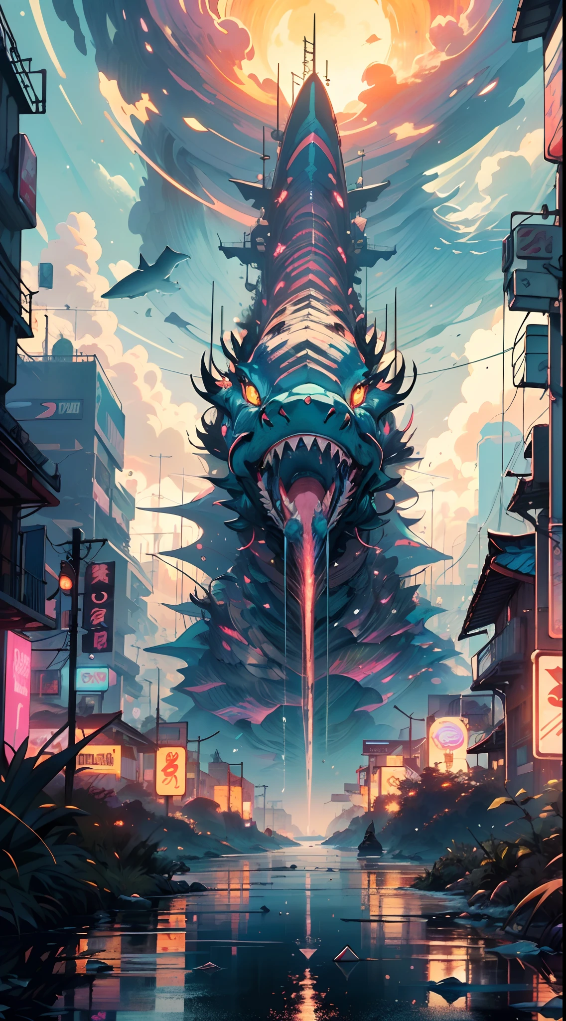 sea dragon, looks like Chinese dragon, made of glass, ((the sea dragon has a shark head)),

wild,angry,((no human)),1 Animal, protective wild, Tall, Mysterious,wild,

the target is the sea dragon, (dynamic pose:1.0),solo focus,(centered,scale to fit dimensions,Rule of thirds),

cyberpunk city by the ocean at night, with bright neon signs and dark stormy clouds and puddles, scenery:1.25,

artistic photography,(photography taken by sldr),highres, sharp focus, (ultra detailed, extremely detailed), (photorealistic artwork:1.37),(extremely detailed CG unity 8k wallpaper),((synthwave background theme)),(((vibrant colors))),(intricate background),(masterpiece),(best quality),
