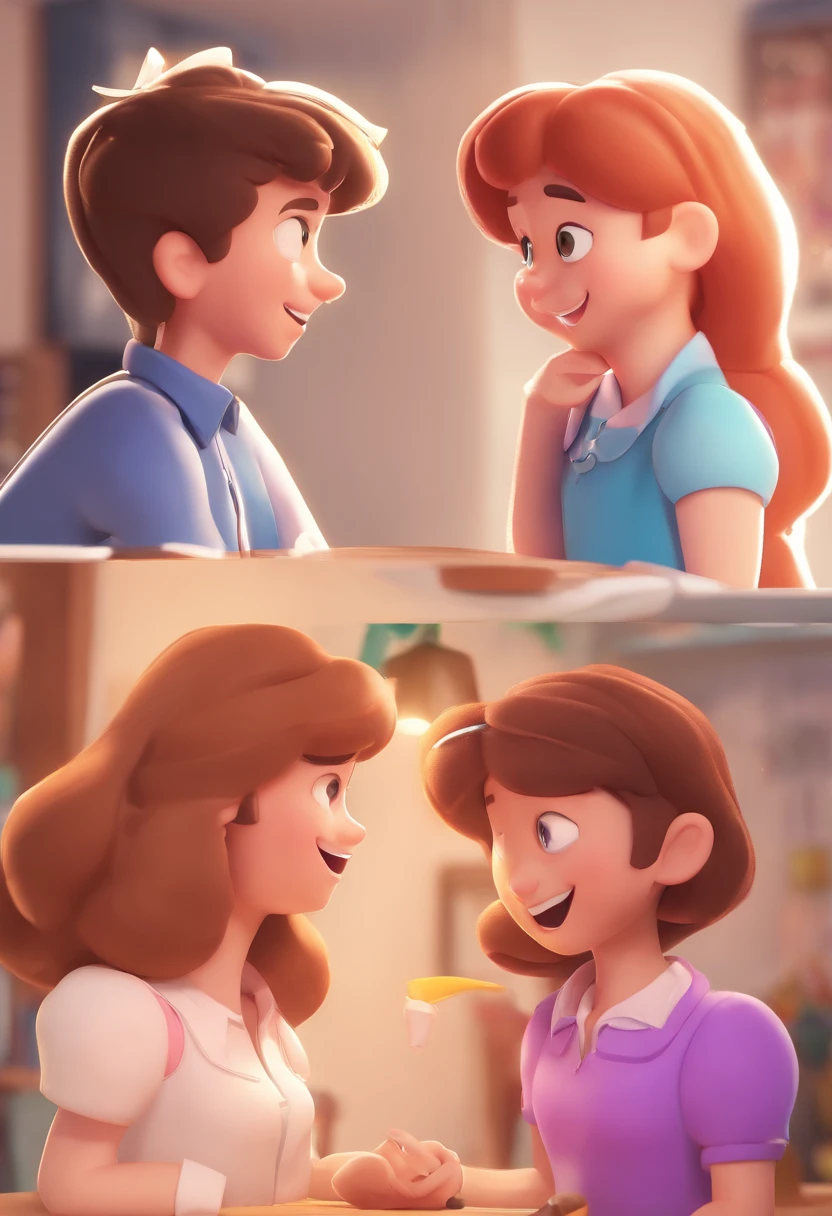 An illustration of an adorable couple, destacando um homem e uma mulher com bonito, Expressive eyes - the man's skin is white and the man's hair is straight and black, while the woman's skin is brown and the woman's hair is curly and brown. They are a bright room, cada um com um sorarroz no rosto, e compartilhar um momento especial caracterizado pelo amor, arroz, e insights educacionais. Illustrate this scene from a perspective where they are facing away from the camera, Showing Your Connection. Desenvolva esta arte em Full HD, Focus on your cinematic touch, Estilo Disney Pixar Animations