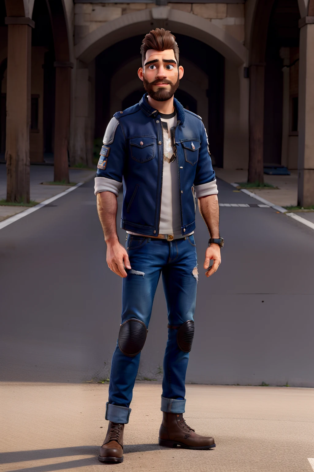 master part, best quality, um velho com barba branca e longos cabelos castanhos, vestindo uma jaqueta de couro e jeans preto, ao lado de sua motocicleta