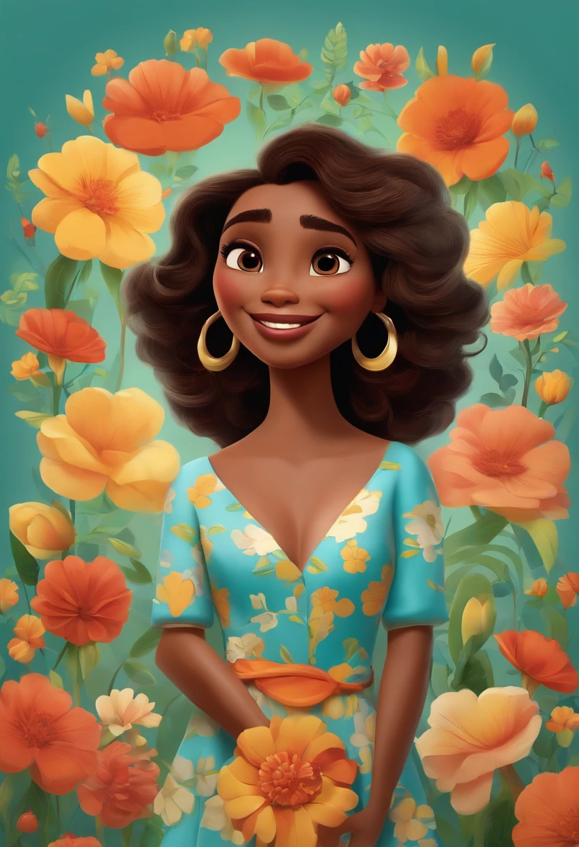 Create a Pixar-style poster. she's a brunette, cabelos ondulados na altura dos ombros, escuros , sorridente, usando um vestido, Media mulatto , floral backdrop with vibrant colors and textures by Disney Pixar , arte digital deve evocar o estilo da Pixar, Reminiscent of animated features. Focus on character expressions, cores vibrantes, e texturas altamente detalhadas