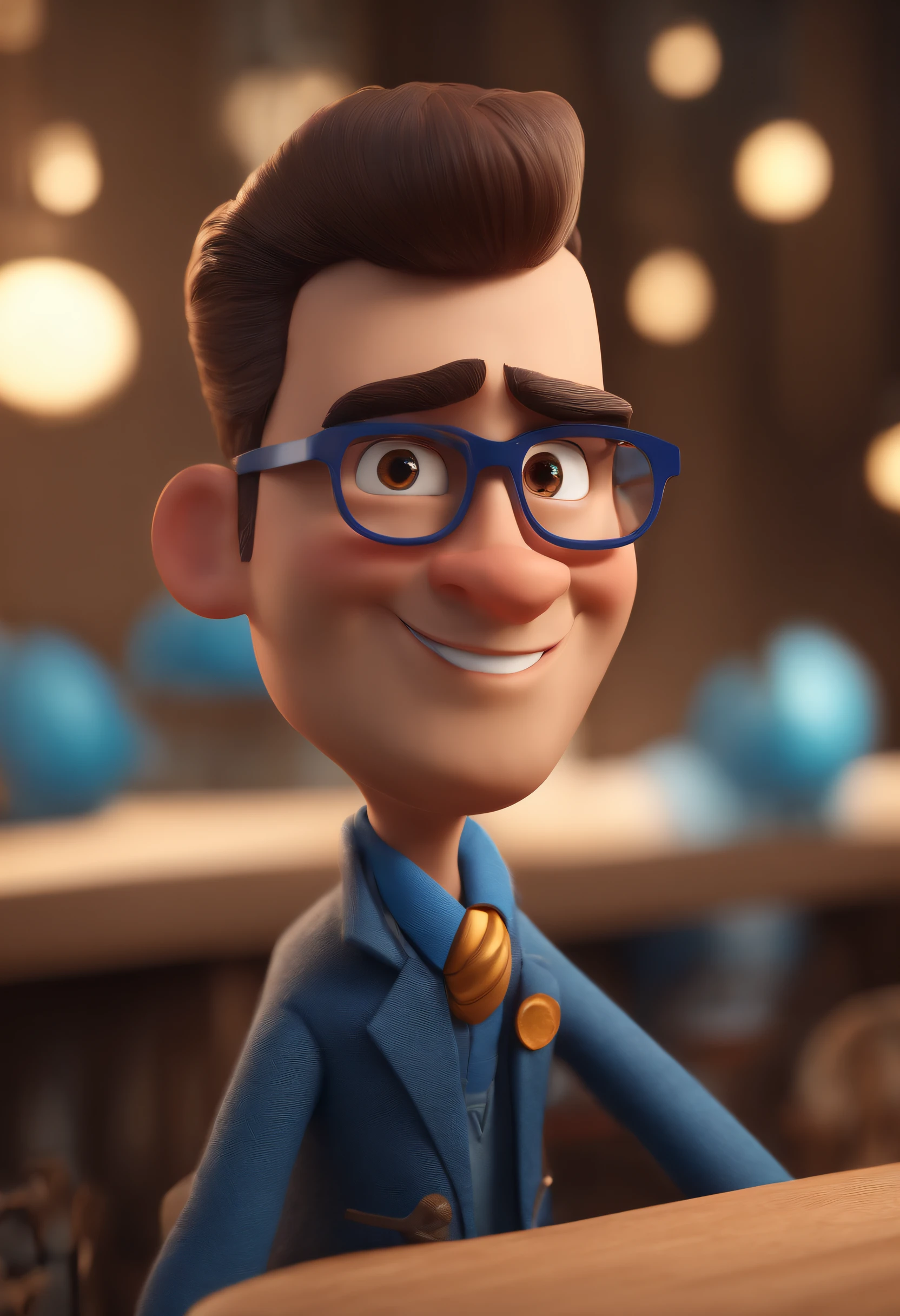 Cartoon character of a man with black glasses and a blue shirt, animation character, Caractere estilizado, animation style rendering, 3D estilizado, Arnold Maya render, 3 d render stylized, toon render keyshot, Personagem 3D, Personagem 3D, 3d rendering stylized, 3 d character render, personagem de desenho animado, Personagem de close up, Pose de personagem, (Estilo Pixar) (master part:1.2) (Bokeh) (best quality) (pele detalhada) (textura detalhada) (8k) (argila) (Cinematic lighting) (foco nítido