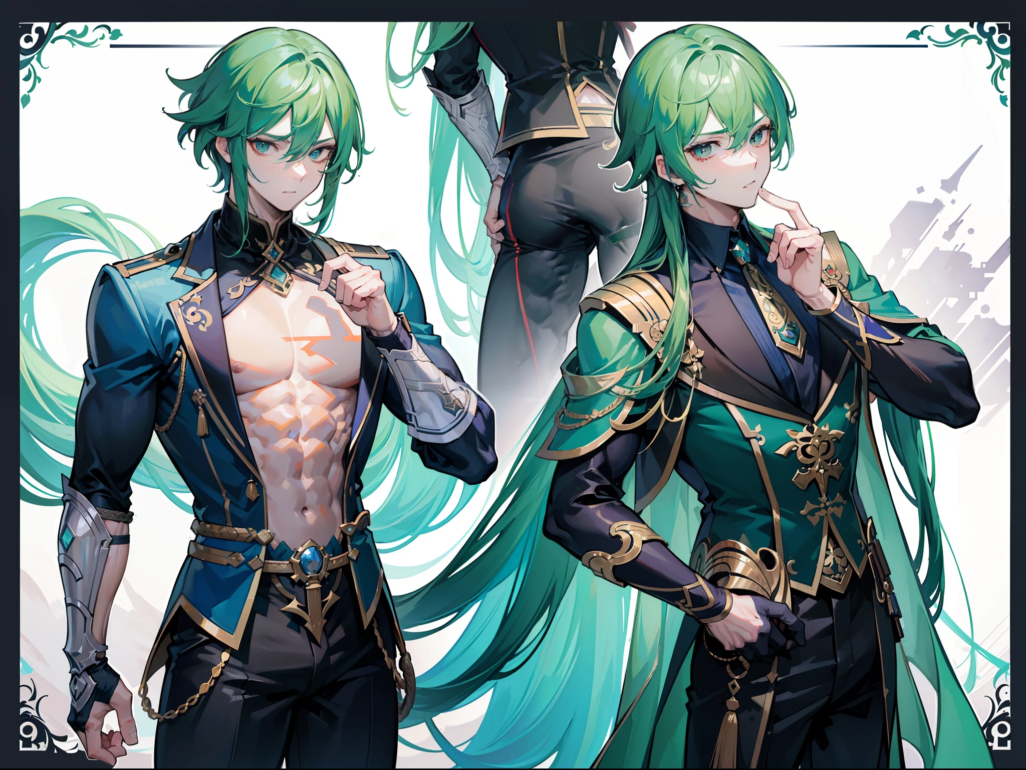 ((Masterpiece, Highest quality)), Male, boy, Detailed face, character design sheet， full bodyesbian, Full of details, frontal body view, back body view, Highly detailed, Depth, Many parts, Muscle boy with long green hair with long bangs，handsome man, muscle body, vampire outfits clothes, Genshin Impact, man tall, pectoral muscles, abs