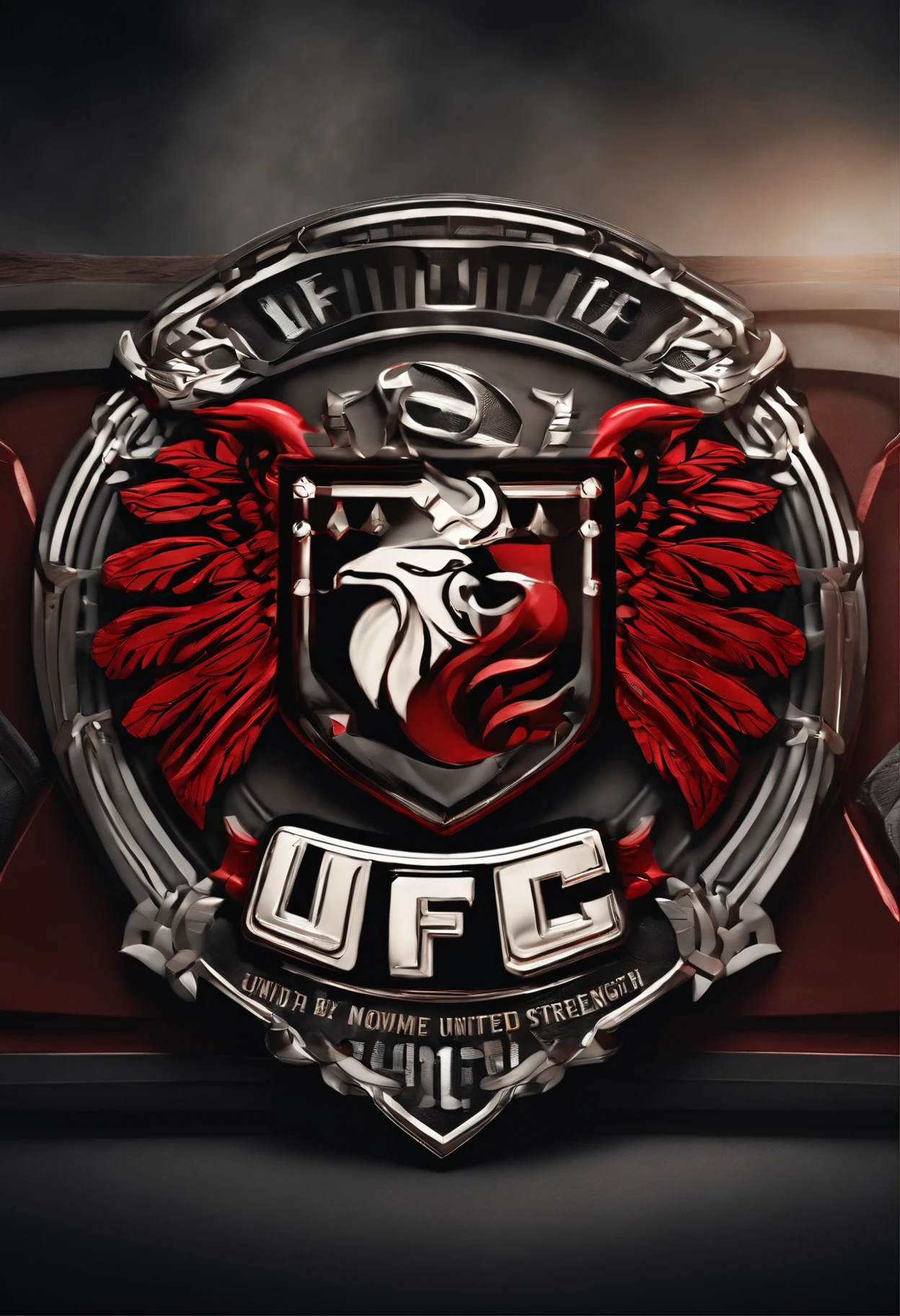 Arte de design estilo escudo com nome no centro: UFC (United by the Strength of Christ, 8k, altamente detalhado, em cores vermelho e preto