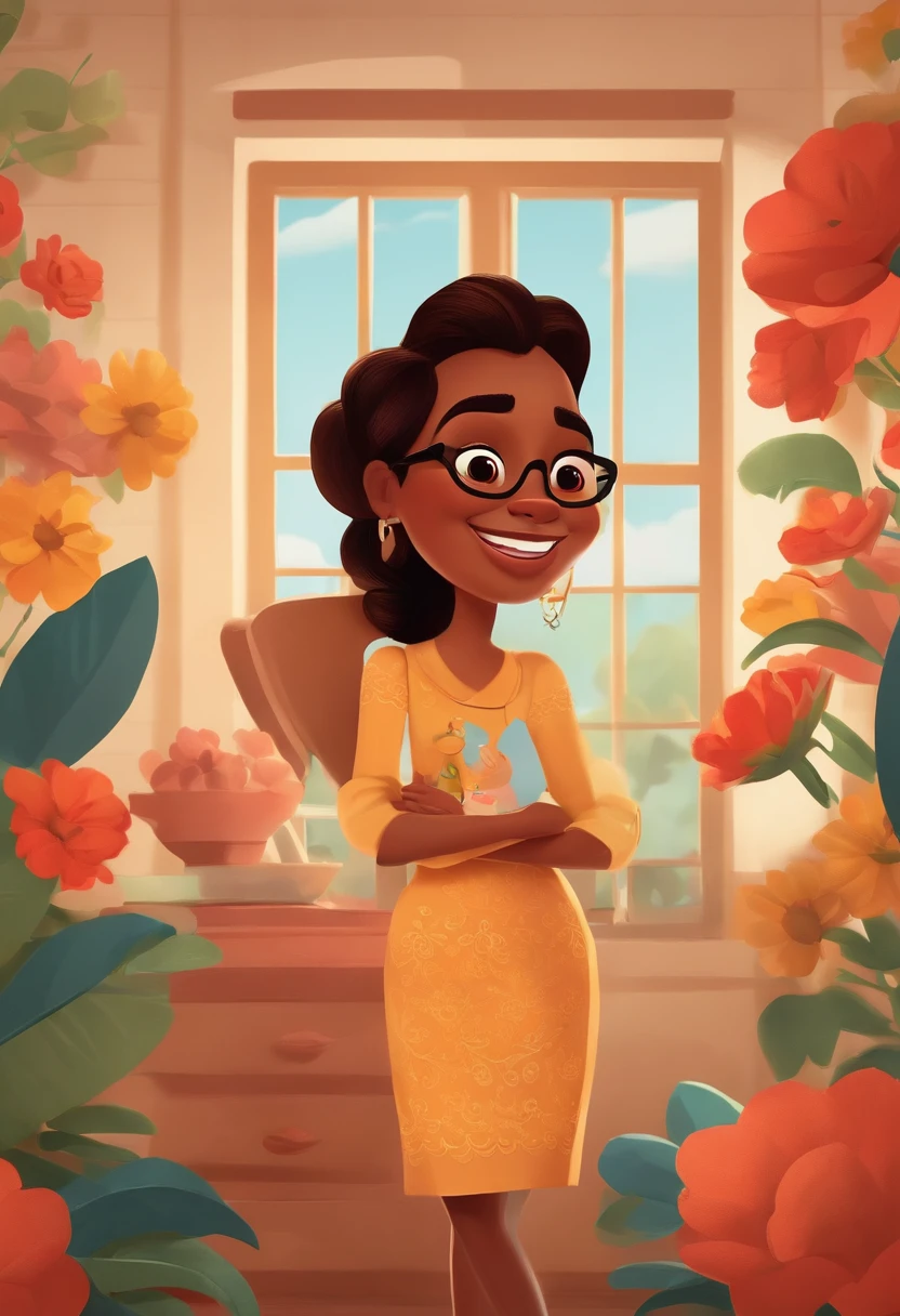 Create a Pixar-style poster titled 'The Tobias' She's a brunette, cabelos cacheados na altura dos ombros, sorridente, usando um vestido, And he's a media mulatto , wearing glasses and suit, smiling against a floral backdrop with vibrant Disney Pixar colors and textures with a couple. arte digital deve evocar o estilo da Pixar, Reminiscent of animated features. Focus on character expressions, cores vibrantes, e texturas altamente detalhadas