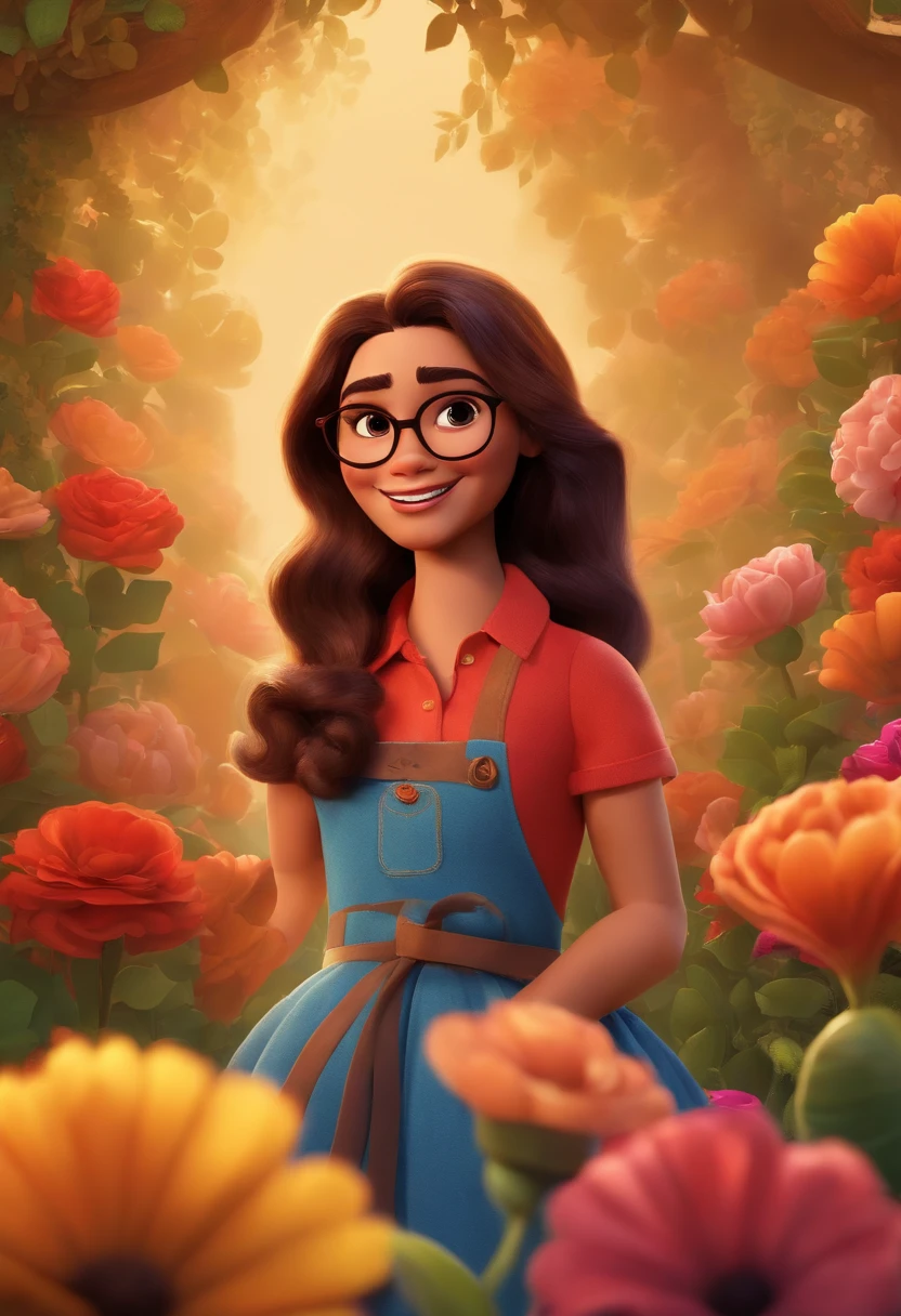 Create a Pixar-style poster titled 'The Tobias' She's a brunette, cabelos cacheados na altura dos ombros, sorridente, usando um vestido, And he's a media mulatto , wearing glasses and suit, smiling against a floral backdrop with vibrant Disney Pixar colors and textures with a couple. arte digital deve evocar o estilo da Pixar, Reminiscent of animated features. Focus on character expressions, cores vibrantes, e texturas altamente detalhadas