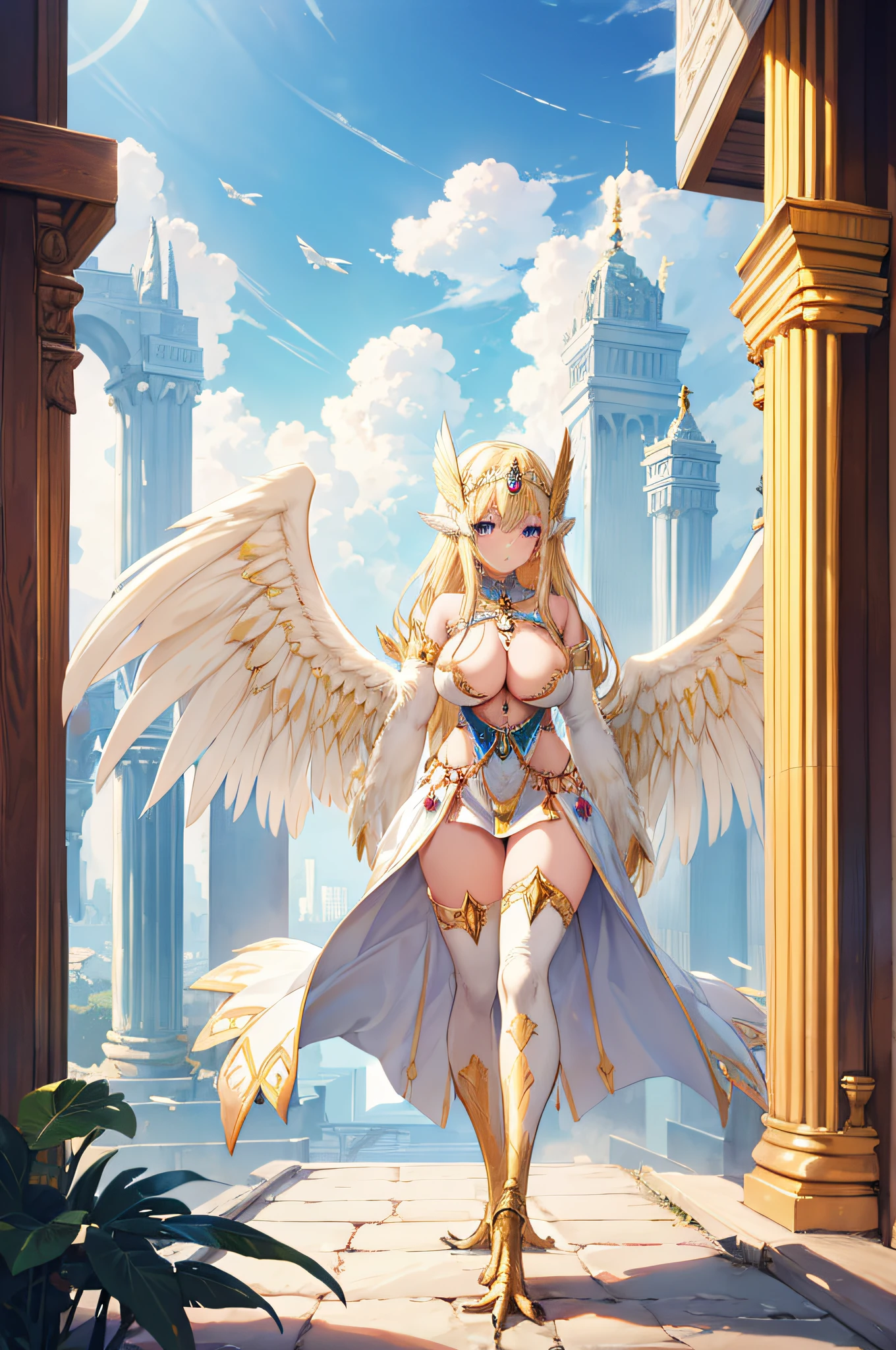 4k,hight resolution,One Woman,harpy,Bright blonde hair,Longhaire,Bright blue eyes,huge tit,Bright white wings,Golden toenails,valkyrie,high priestess,Goddess dress,Winged headgear,jewel decorations,Temple in the Sky