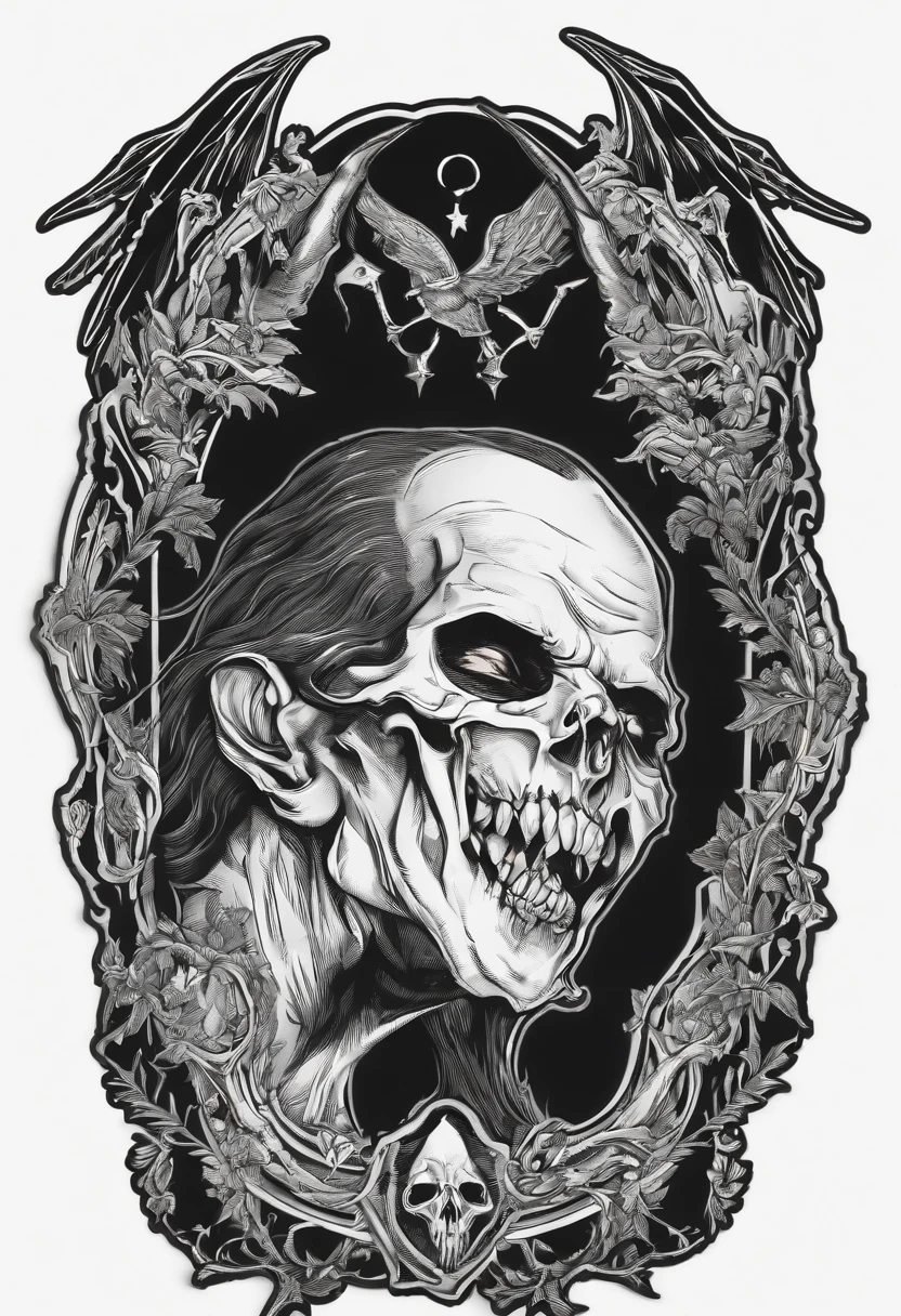 /imagine prompt: vampire illustration for a sticker with a black background, in bold outline style, jagged edges, trashcore, light shading --v 5.2