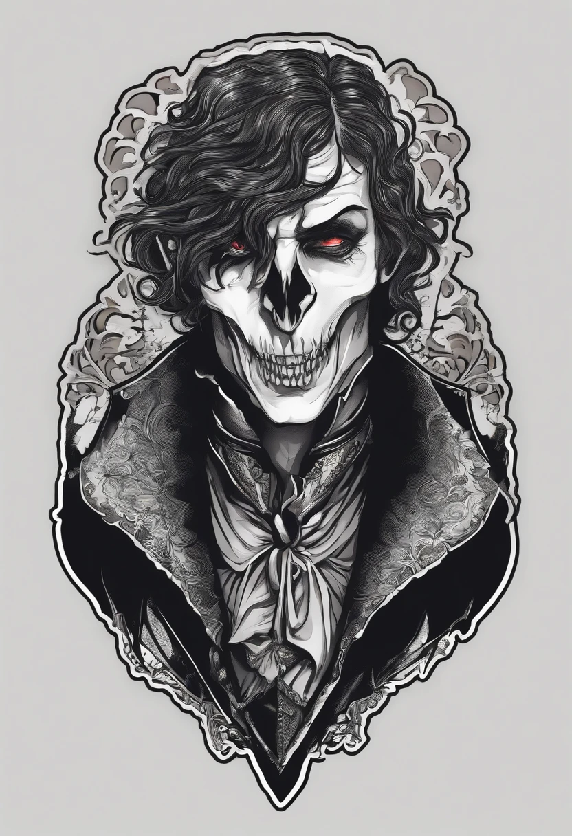 /imagine prompt: vampire illustration for a sticker with a black background, in bold outline style, jagged edges, trashcore, light shading --v 5.2