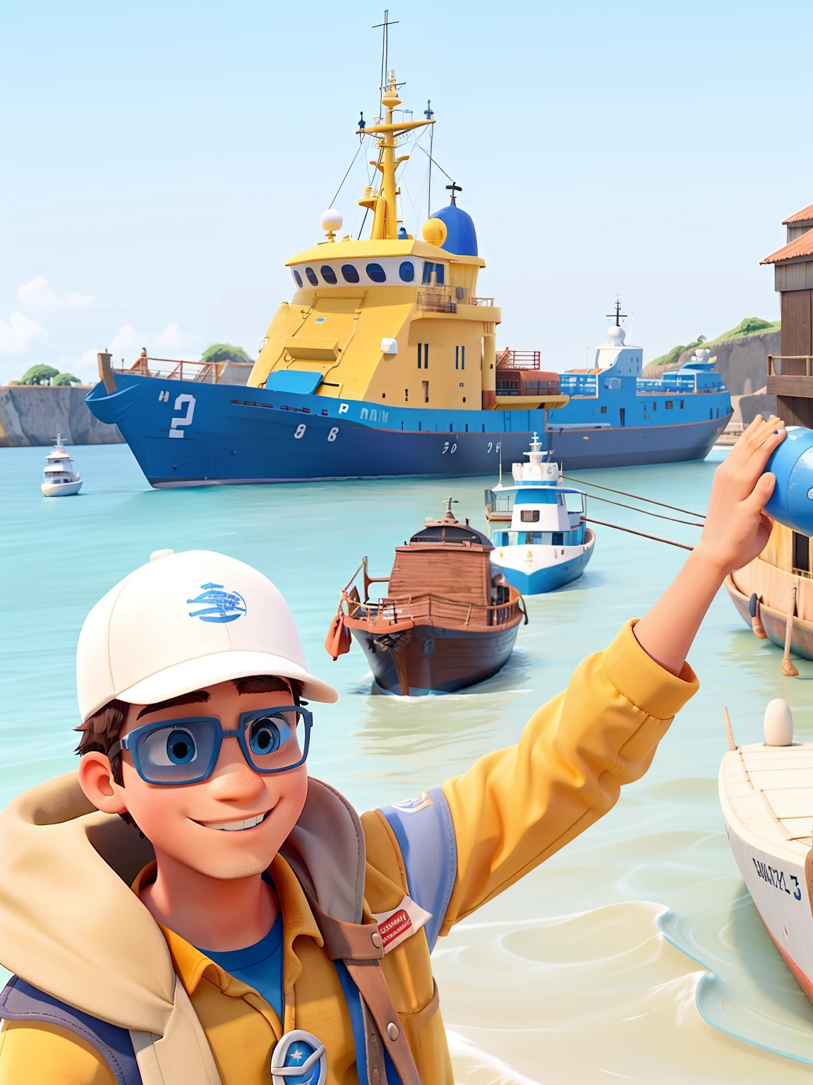 Um jovem dentro de um barco com um porto e com rebocadores amarelo e azul no fundo.