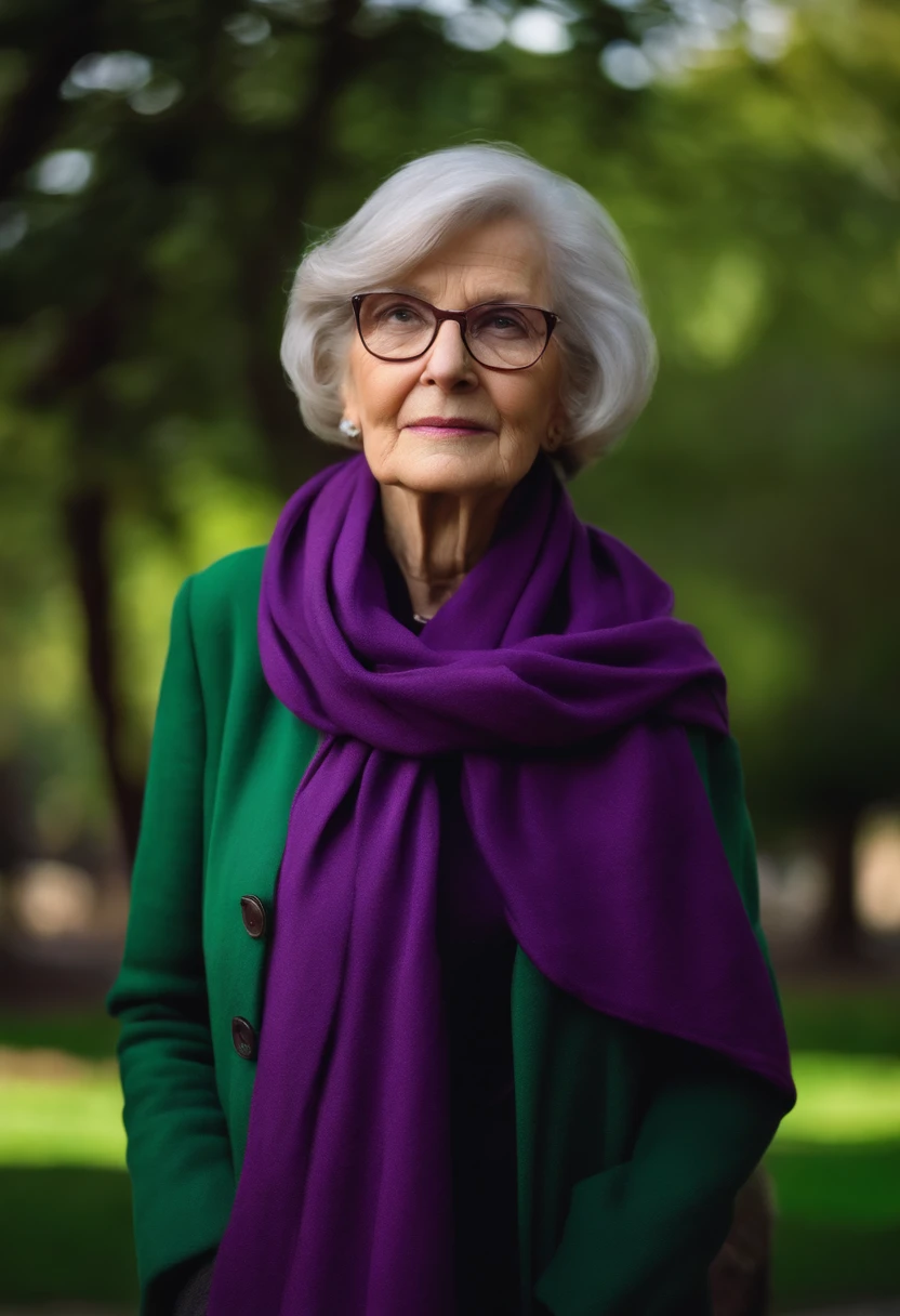 masterpiece, best quality, an old woman with glasses and a scarf on, wearing a purple coat and green scarf, standing at the park