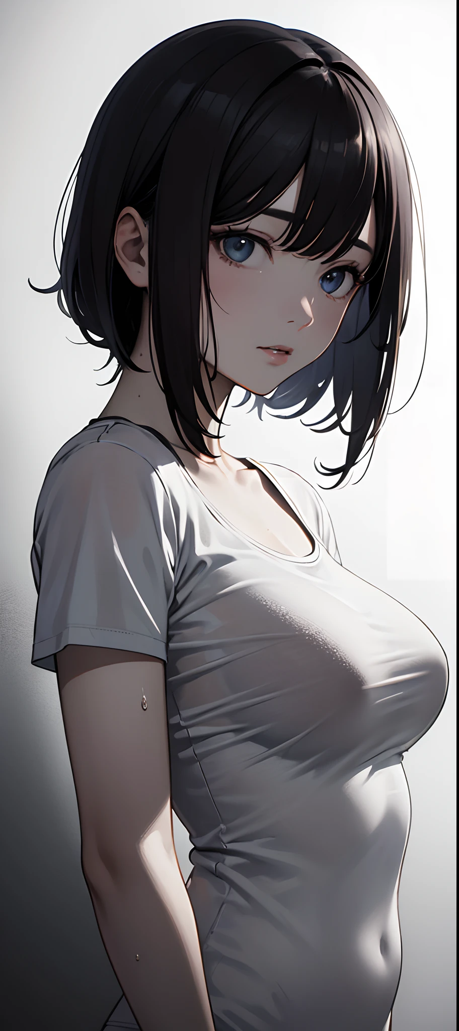 (((Masterpiece))), (portrait), Ayaka, diffused light, dynamic shadows, sharp focus, realistic, detailed, highres, absurdres, white background, (boobsqueeze), looking to the side, v arms, t-shirt, no bra, photorealistic, lifelike, wet