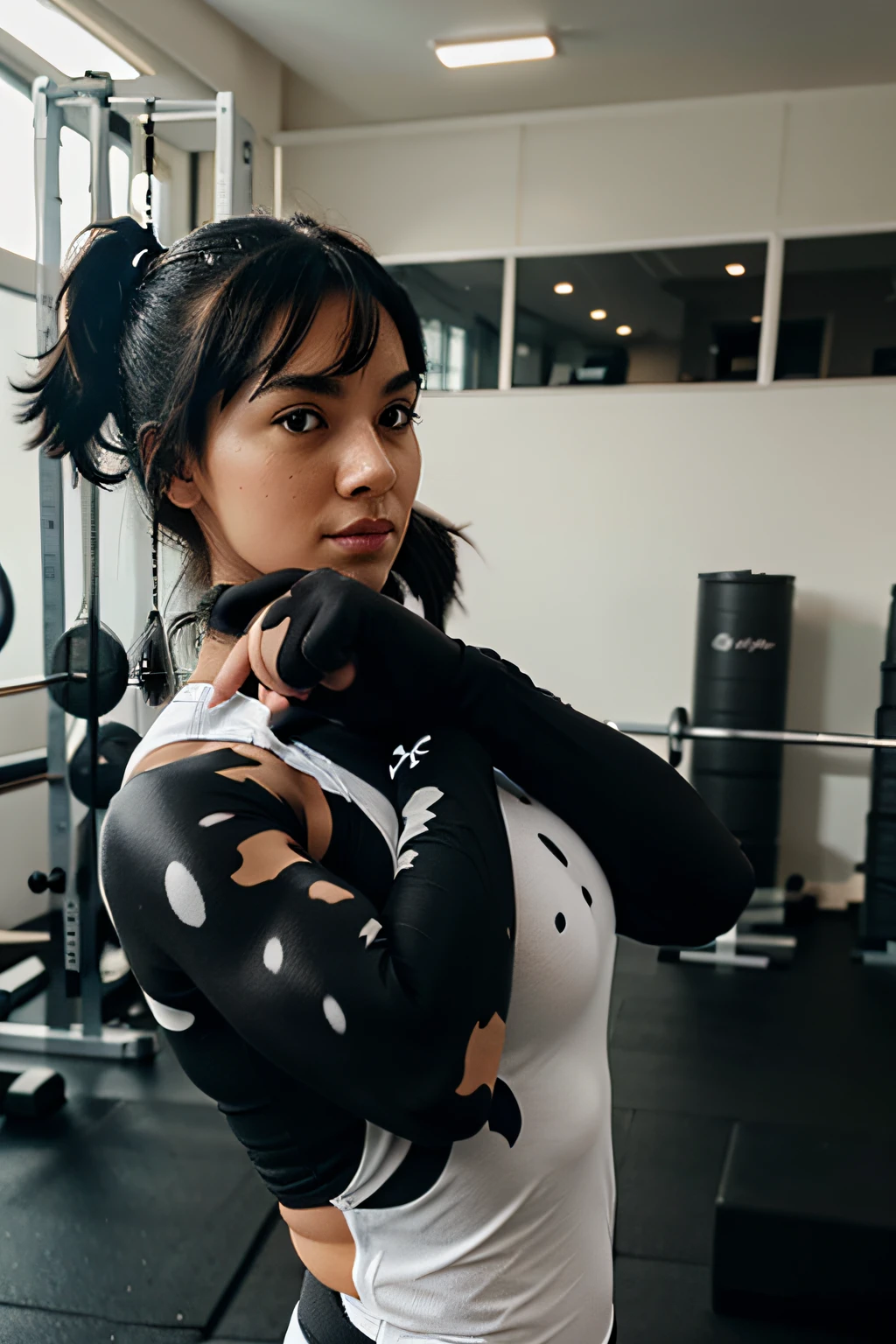 A black cat with white spots lifting weights inside a gym