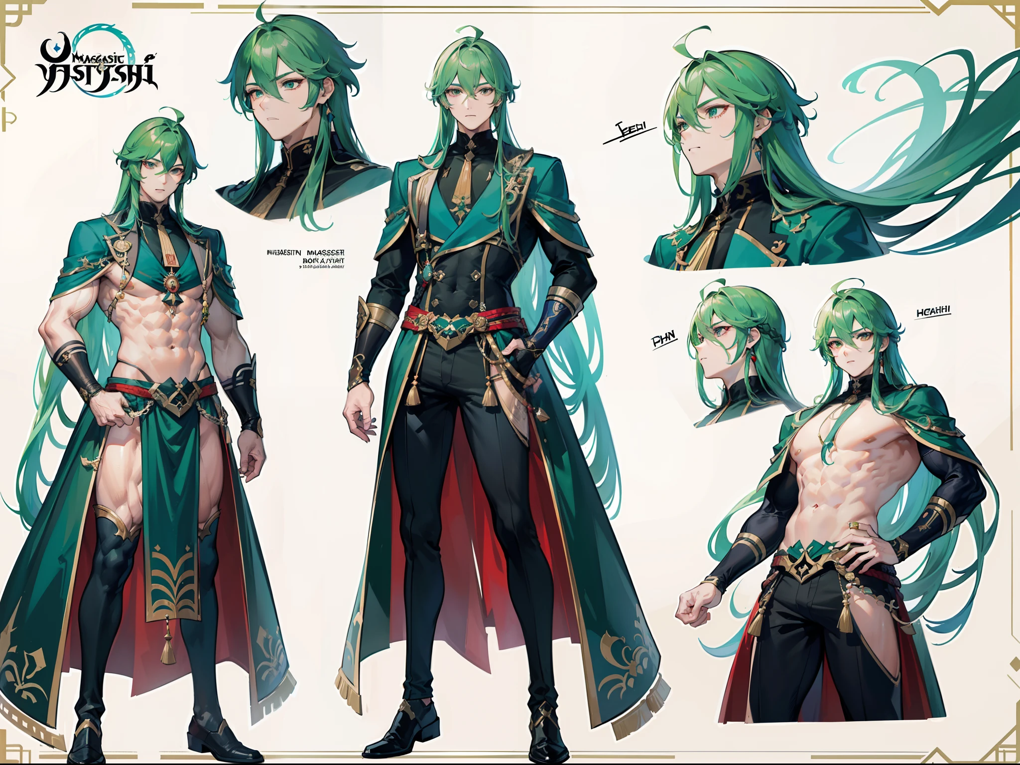((Masterpiece, Highest quality)), Male, boy, Detailed face, character design sheet, full bodyesbian, Full of details, frontal body view, back body view, Highly detailed, Depth, Many parts, Muscle boy with long green hair with long bangs,handsome man, muscle body, vampire outfits clothes, Genshin Impact, man tall, pectoral muscles, abs