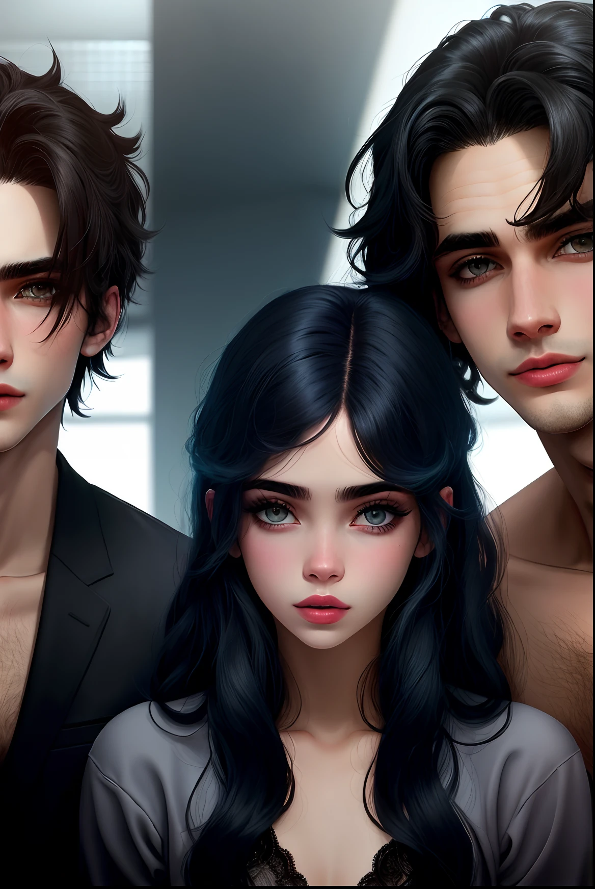 3 homens em lugar escuro, studio dark, lugar escuro cheio de sombras, 1girl, lugar escuro, studio dark, 3 homens, lugar escuro, 1 mulher, uma mulher de vestido branca, mulher de cabelo liso