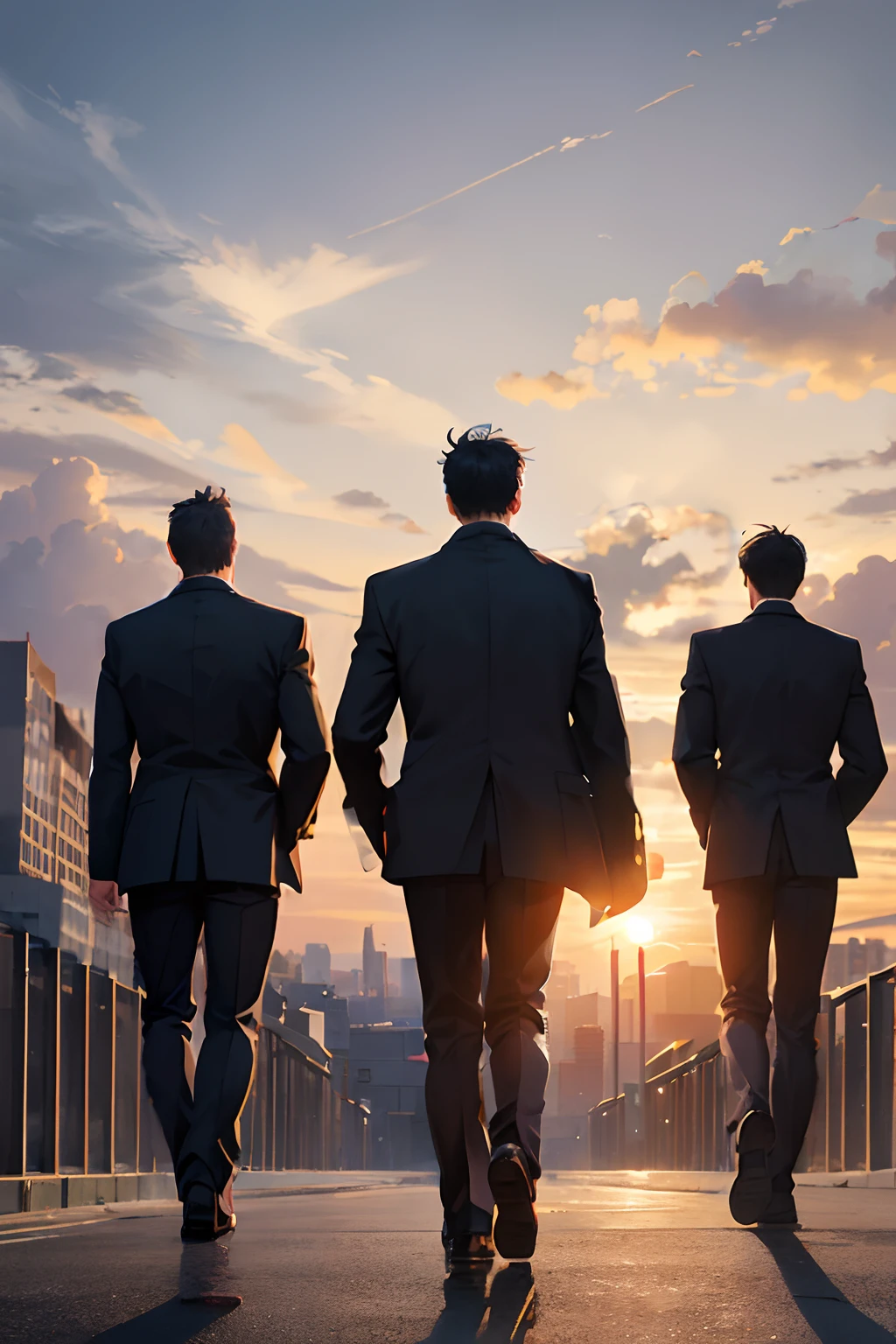 Create an illustration featuring the silhouettes of several middle-aged male office workers walking with their jackets flapping in the wind against the backdrop of a nostalgic sunset. Their determined postures, combined with the warm hues of the setting sun, evoke a sense of nostalgia and determination. The scene captures the essence of a quiet but powerful moment, symbolizing the strength found in embracing both the past and the future. These men exude a sense of maturity, akin to fathers, emphasizing the wisdom and experience they carry with them.