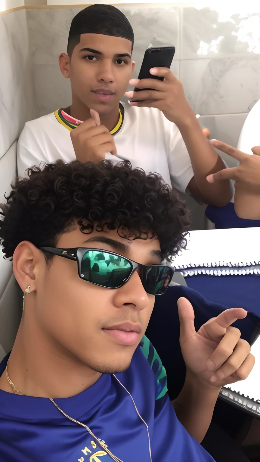 There are two boys sitting at a table with cell phones, cara fria, caio santos, Parece Fabiula Nascimento, mateus 9 5, suave em _ O pano de fundo, instagram story, , curls on top of his head, Foto de perfil, com afro, arrefecimento, andrea rocha, with sun glasses, Riyahd Cassiem, foto do snapchat