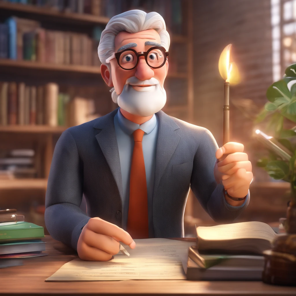 Crie um cartaz inspirado na Disney Pixar com o personagem sendo o pastor Rubens Janier, A gray-haired man wearing glasses, in an office with a Bible on the table