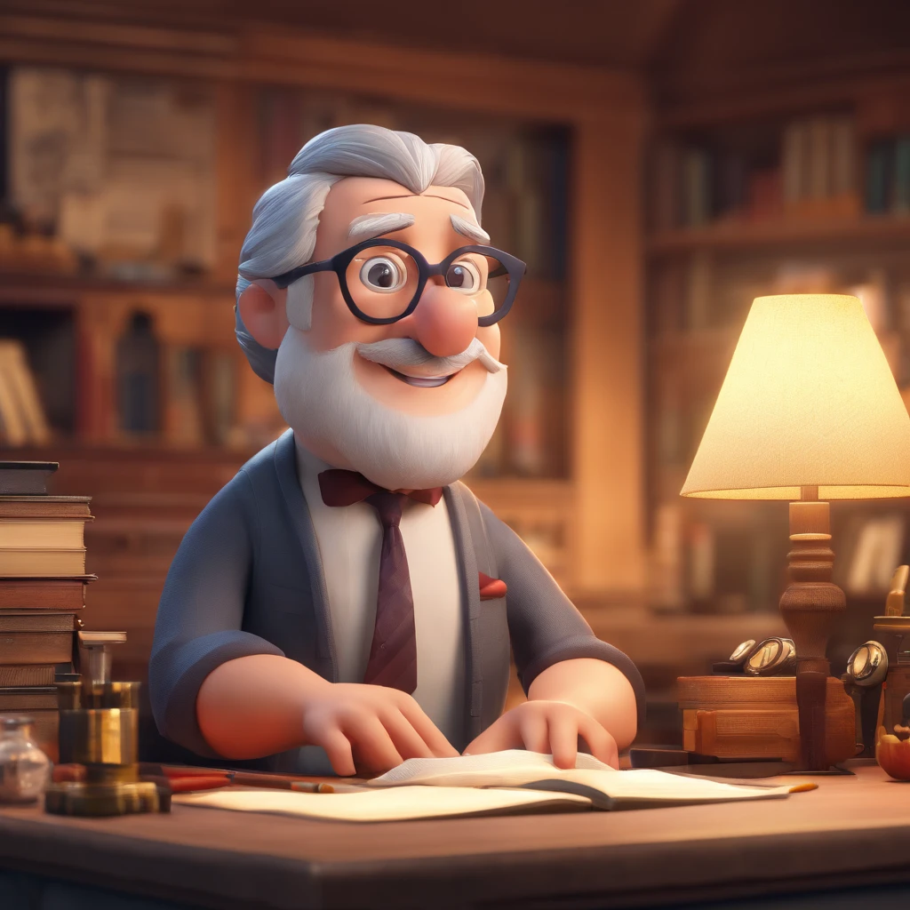 Crie um cartaz inspirado na Disney Pixar com o personagem sendo o pastor Rubens Janier, A gray-haired man wearing glasses, in an office with a Bible on the table