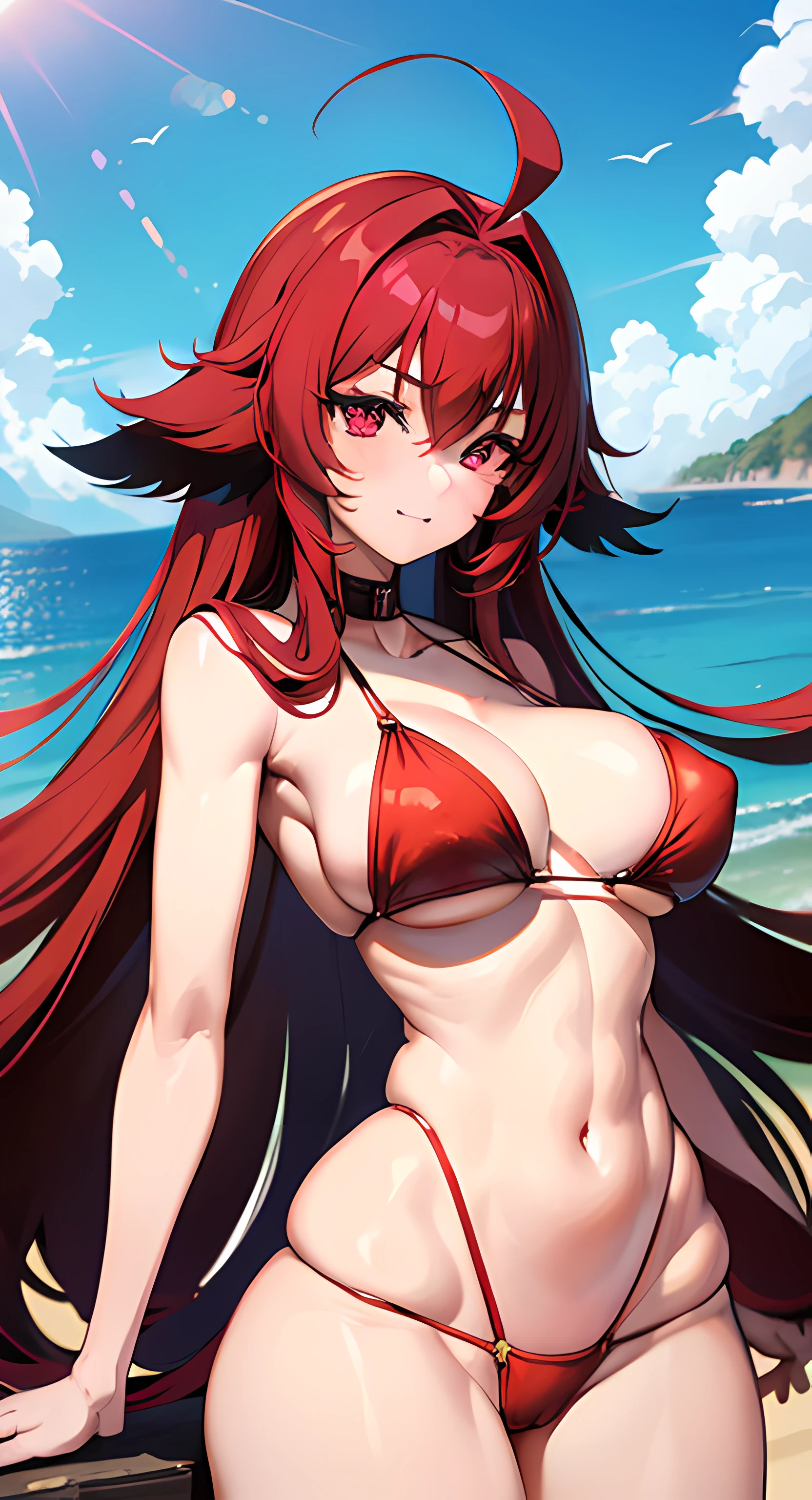1 mulher, Rias Gremory, (High School DxD), seios eretos, seios gigantescos de decote, sexy big buttocks, looking up at the audience, umbigo, muito molhado corpo glamoroso bonito, cabelos vermelhos muito longos, cabelo de ahoge ,2 human hands, cinco dedos, Swimsuit Bikini Red Black, standing style, over all view, summer seaside beach, na praia, Tarde, summer sky, luz solar, master part, UHD, Altas, best quality, UHD, alta qualidade, best quality, Altas, UHD, Altas, best quality, UHD, alta qualidade, best quality, Altas, sorriso bonito, sexy peito muito grande, bunda grande sexy, (Beautiful_rosto:1.5), insertion of large breasts, Anel de casamento dourado no dedo, NSFW, corpo do suor, belos olhos altos e detalhados, bolo_olhos verdes, alto detalhado corpo sexy bonito, corpo muito molhado