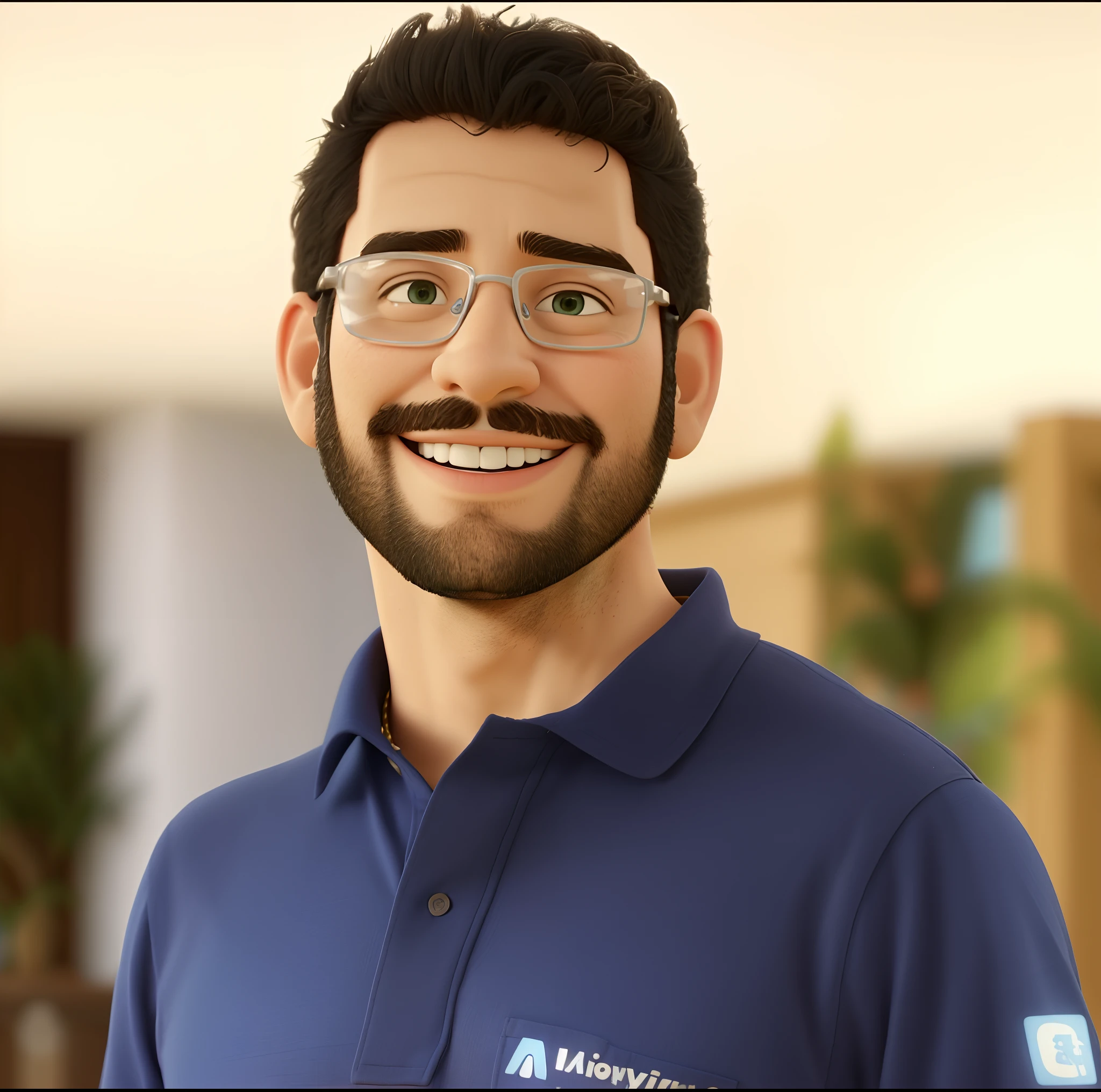 Image like as Disney pixar: smiling man in blue shirt with glasses and beard standing in front of a white wall, luiz escanuela, icaro carvalho, daniel mirante, jorge lacera, Henry Alvim Correa, david rios ferreira, avatar image, by Luis Miranda, thiago lehmann, emad mostaque, julio lacerda, joseph moncada
