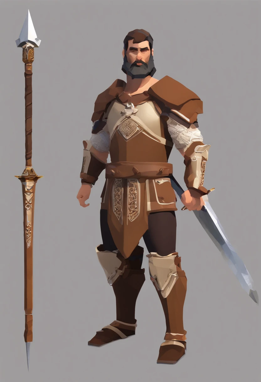 master part, alta qualidade, best quality, Beautiful, disco Rigido, Realistic, perfect lighting, Rosto detalhado, corpo detalhado, 1 Homem, sozinho, cabelos pretos, olhos verdes, barba preta longa, Estilo gladiador em roupas de couro marrom e surrado: 1.4), leather breastplate, 1 wooden spear in hand, Antecedentes da guerra, estilo gladiador, homem grande e musculoso, robusto, olhar irritado,