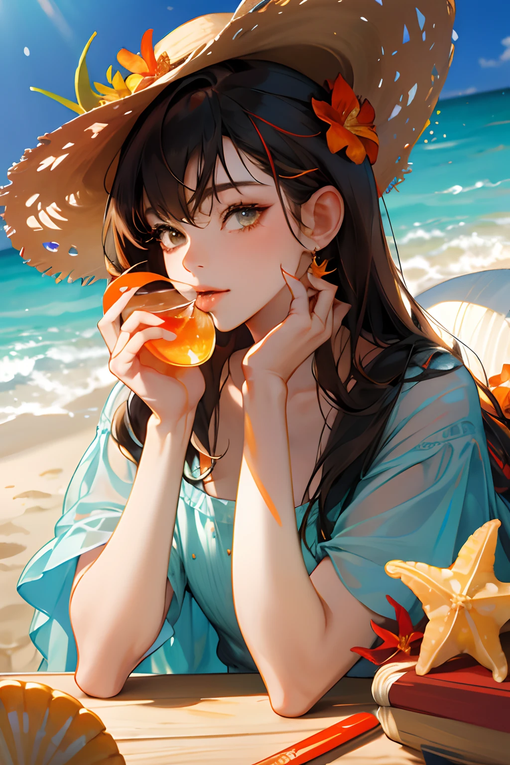 absurdres, highres, ultra detailed, 1girl, solo, extremely detailed eyes, starfish, seashell, shell, flower, hat, hair ornament, jewelry, straw hat, looking at viewer, sunglasses, hat flower, drinking straw, hairclip, earrings, red flower, tinted eyewear, yellow flower, bangs, english text, multicolored hair, orange flower, black hair, ring, cup, long hair, orange-tinted eyewear, food, brown hair, portrait, shell hair ornament