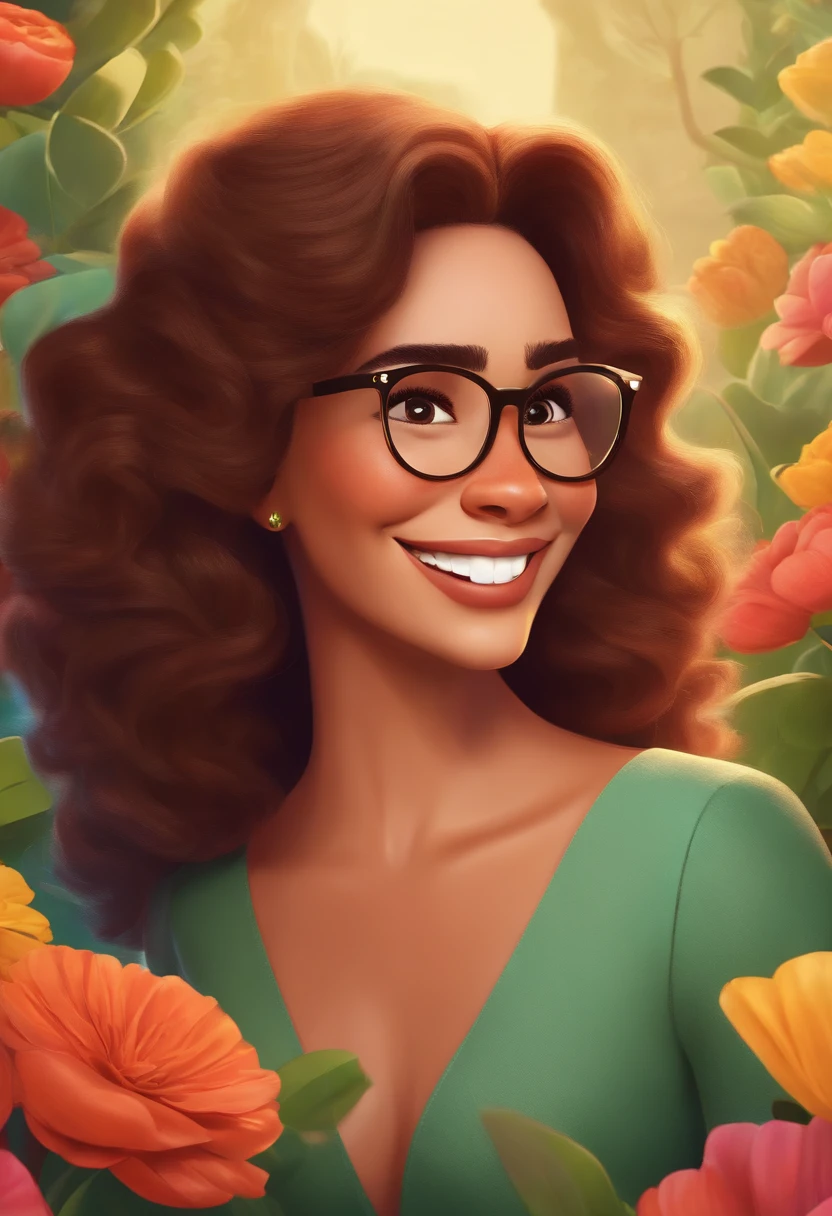 Create a Pixar-style poster titled 'The Tobias' She's a brunette, cabelos cacheados na altura dos ombros, sorridente, usando um vestido, And he's a media mulatto , wearing glasses and suit, smiling against a floral backdrop with vibrant Disney Pixar colors and textures with a couple. arte digital deve evocar o estilo da Pixar, Reminiscent of animated features. Focus on character expressions, cores vibrantes, e texturas altamente detalhadas